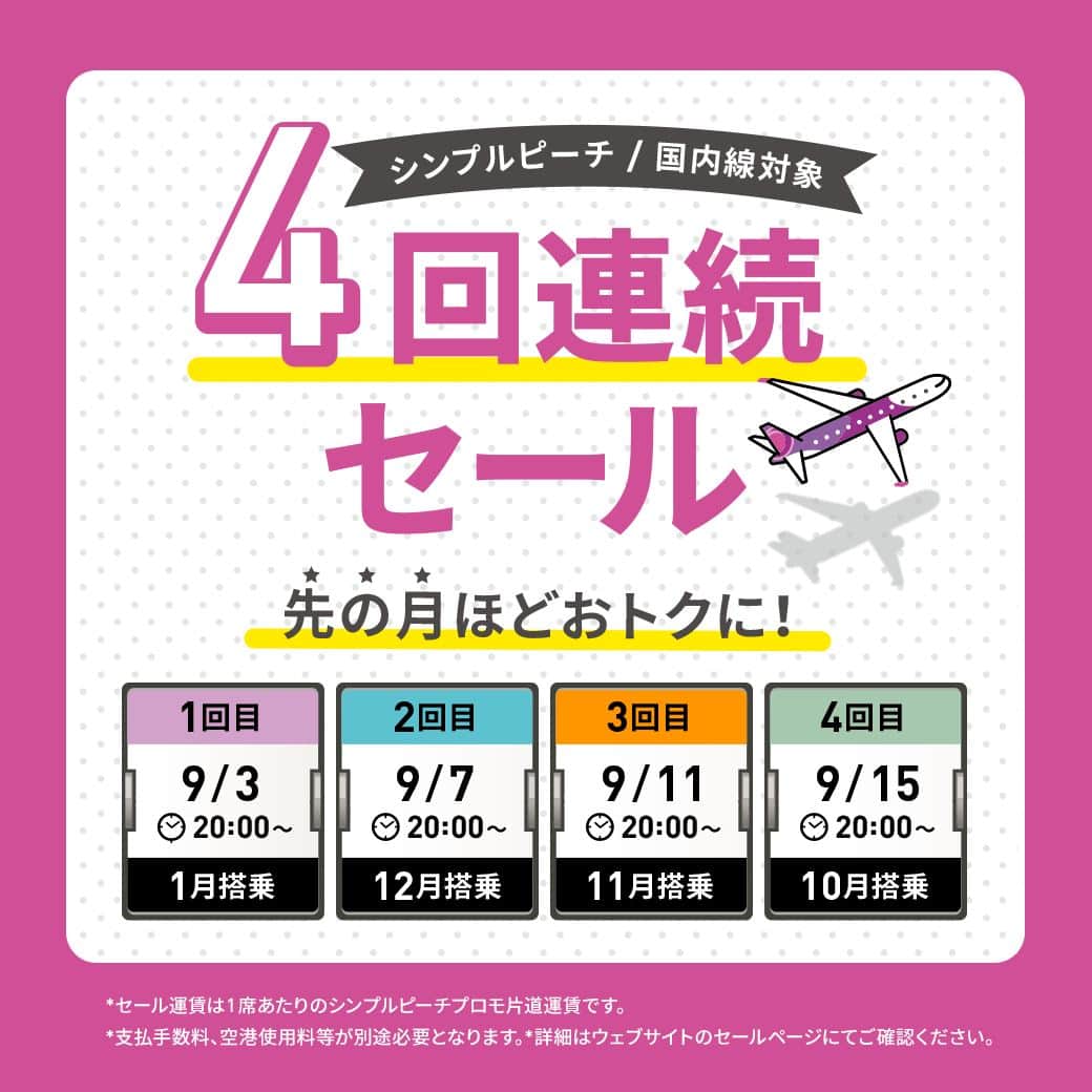 ピーチ・アビエーションのインスタグラム：「セールはあす20:00スタート✈️🍑 先の月ほどおトクな4回連続セールを開催！ 4回連続セールは、搭乗対象期間が1ヵ月ずつ変わります。 1回目のセールは来年1月対象からスタートし、2回目は12月、3回目は11月、4回目は10月が対象で、“先の月ほど”おトクな設定に✨ 詳細はそれぞれセール前日に公開します。  1回目は来年1月の搭乗、国内24路線が対象で、なんと片道1,000円～！  4回連続セール、あなたはどの月のおトク旅を狙う🔍？  ☆詳細は、PeachのInstagramのプロフィールに記載されたURLから公式ウェブサイトにてご確認ください。  《4回連続セール》 1回目（1月対象） 【販売期間】2023年9月3日20:00～9月5日23:59 【搭乗期間】2024年1月6日～1月31日  2回目（12月対象） 【販売期間】2023年9月7日20:00～9月9日23:59 【搭乗期間】2023年12月1日～12月26日  3回目（11月対象） 【販売期間】2023年9月11日20:00～9月13日23:59 【搭乗期間】2023年11月1日～11月30日  4回目（10月対象） 【販売期間】2023年9月15日20:00～9月17日23:59 【搭乗期間】2023年10月1日～10月31日  *搭乗期間は路線によって異なります。 *セール運賃は空席状況に応じて対象席数が変動します。 対象便についてはセール開始2日前において1便あたり最低1席以上セール運賃を設定しておりますが、 セール対象便であっても空席状況によってセール運賃での販売がない場合があります。 *セール運賃の販売席数には限りがあり、売り切れ次第終了となります。  #fly_peach #peachavitaion #lcc  #旅の準備 #セール情報 #国内線 #家族旅行 #子供とお出かけ #ひとり旅 #修学旅行 #夫婦旅 #年始旅行」