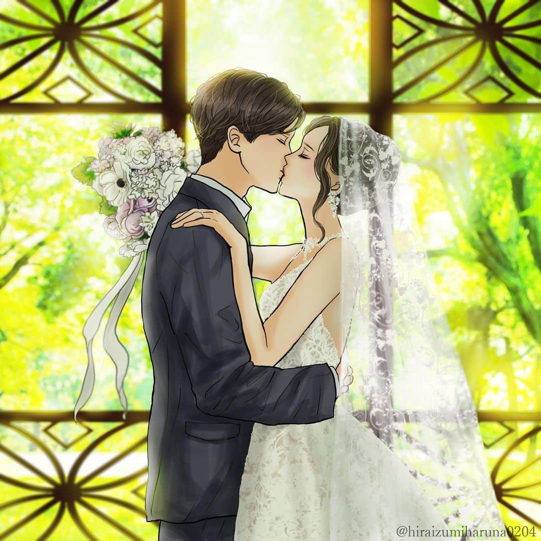 平泉春奈のインスタグラム：「⁡ 『切実な願い』 ⁡ 誓いのキスの時 私は強く願った ⁡ どうか…この日が 人生最幸の日と なりませんように ⁡ ⁡ ============= ⁡ だって結婚はゴールじゃないから。 ⁡ ⁡ 9月の花嫁って初めて描いたかも。久しぶりのウェデングイラストでした💍今はまだ森林が綺麗な季節だよね🌱ウェデングドレス描く時は、特にレース感を大事にしてるよ😊 ⁡ 結婚式って最高に幸せな日に違いないんだよ。その日だけは間違いなく自分が主役になれるし、みんなからお祝いしてもらえて胸がいっぱいになる。幸せの絶頂って感じ。 ⁡ でも、本当に大事なのはその後の日常。 結婚式は最高に幸せで良し。でもその後もどんどん幸せを更新していこうね！！あの日が一番幸せだったのに…なんてならないように。その為には努力も必要。他人と家族になるって簡単なことじゃないから😌 ⁡ これからまさに結婚します！！という方に、心からエールを送ります🫶💕 ⁡ ⁡ ⁡ ⁡ ⁡ #カップルイラスト #ウェデング #ウェデングイラスト #花嫁 #花婿 #ウェデングドレス #ブーケ #レース #ヴェール #チャペル #森林 #美男美女 #誓いのキス #キスシーン #夫婦 #キス #挿絵 #アート  #1コマ漫画 #恋愛 #イラストレーション #妄想 #絵師 #漫画 #恋愛漫画 #coupleillustration #illustration #kiss #wedding」