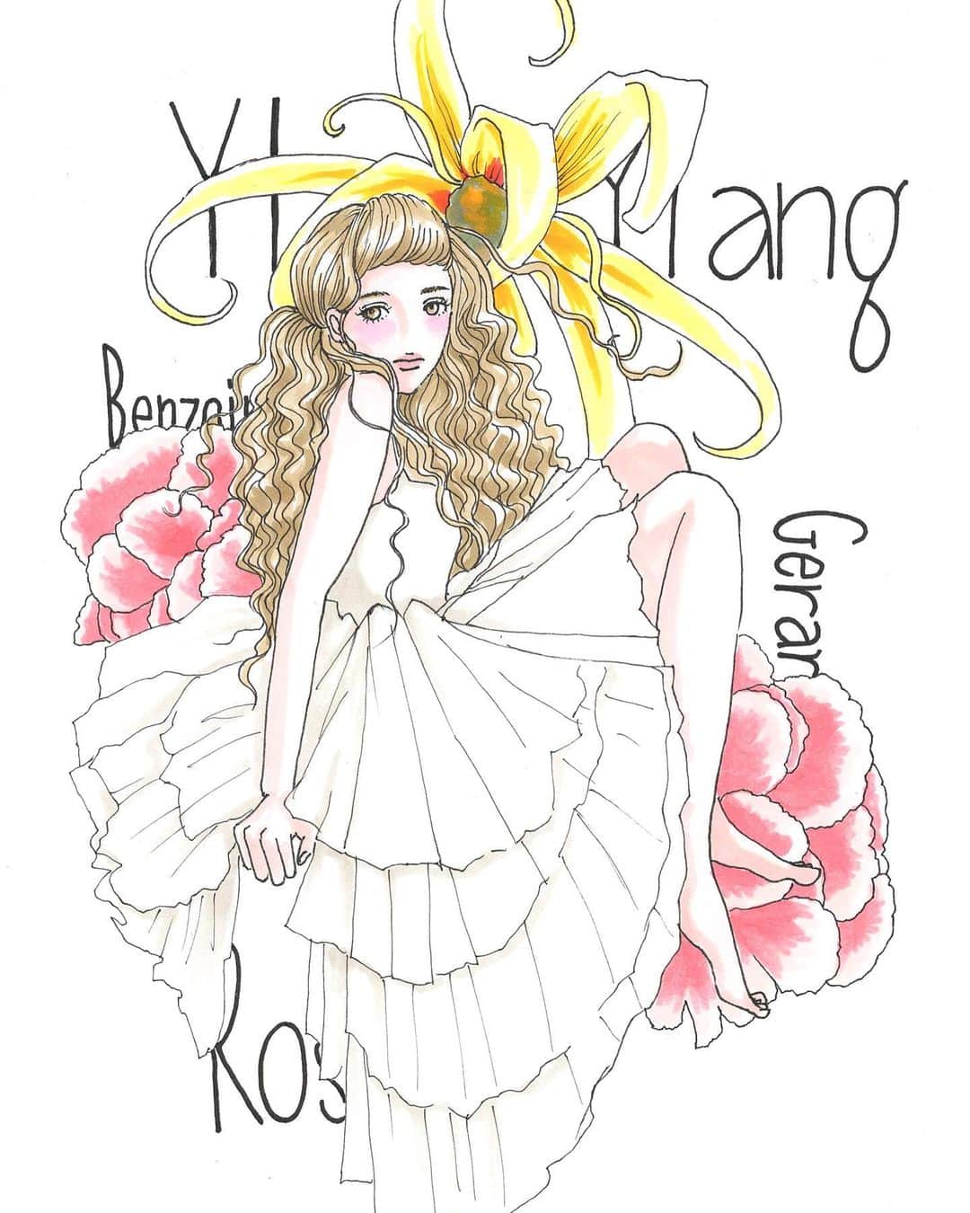のインスタグラム：「過去作品振り返り祭。  この絵好きだった〜今も好き。花と女の子の組み合わせは何回も描いてるけど、たぶんこれが今の所1番かな。  カメラロールって過去遡るとすごい面白い。特に私の場合は「こんな感じの絵が描きたい！」ですぐスクショするので、自分の好みやブームの流れがありありと分かる。そして再発見もあって結構良い刺激にも。  最近忙しくて新作描けてないけど、頭の中には描きたいものいっぱい渋滞中なので、呆れずに待っててもらえたら嬉しいです。」