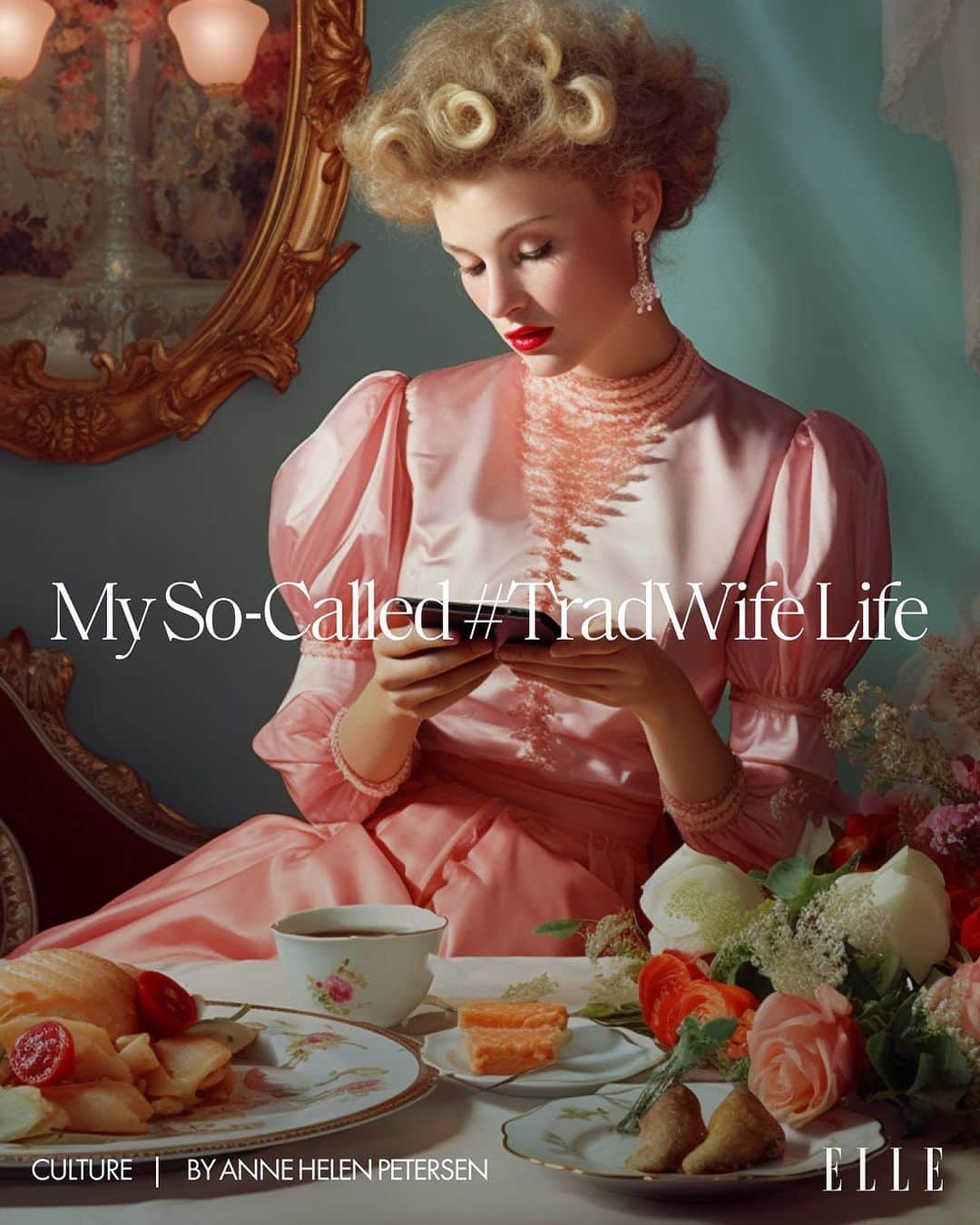 ELLE Magazineのインスタグラム：「@annehelenpetersen dipped a toe into the world of “stay-at-home girlfriends" for ELLE's September issue:   "My partner, Charlie, and I both work from home, so did that mean I was supposed to…make him lunch? And breakfast? And also dinner? #Tradwife life says: Yes. Was I supposed to put on a dress and do my hair and makeup, even if I wasn’t leaving the house? Also yes. To be a tradwife, not just a stay-at-home girlfriend, I’d also have to ditch all leggings and shorts, let him pick the nightly television viewing, do all the errands, and be responsible not just for returning all of my online orders, but all of his. I’d need to post a bunch of pictures of us together where I talk about how hot he is, but also make sure to run the caption past him ahead of time. Annoying, sure, but doable. I was also supposed to stop taking birth control and let God be in control of my womb, to which I said: No way."  Read more at the link in bio. Illustration: @studiobettywang」