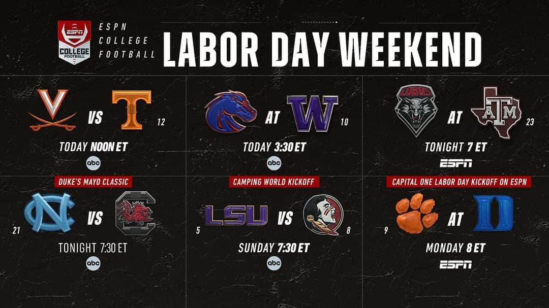 アメリカン・ブロードキャスティング・カンパニーのインスタグラム：「Sit back and relax, you've earned it! This #LaborDay Weekend here’s your guide to watching some really good College Football starting TODAY at NOON ET! #CFB」