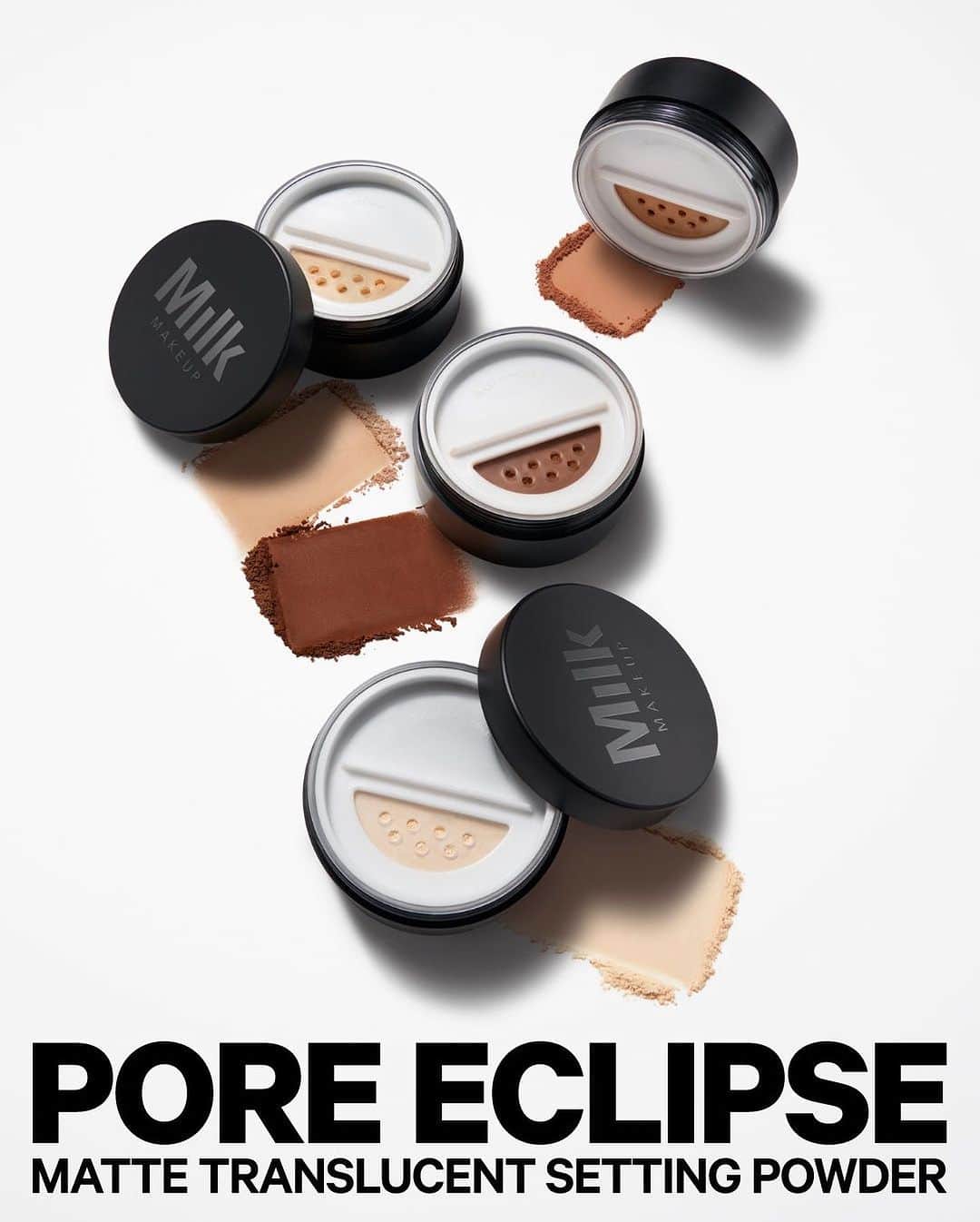 Milk Makeupのインスタグラム：「Makeup locking. Shine blocking. Our NEW! Pore Eclipse Matte Translucent Setting Powder is HERE 🌘 Here’s why it’s the powder you’ve been waiting for 👇  ✨ Blurs pores, controls shine, and sets makeup for up to 16 hours  ✨ Comes in 4 weightless, talc-free translucent shades ✨ Skincare supercharged with niacinamide, bakuchiol, and lentil extract ✨ Mess-free sifter twists open and locks closed to prevent spills ✨ No caking. No creasing. No flashback.  Get it online NOW at milkmakeup.com and sephora.com and in @sephora stores starting 9.7 🛒」