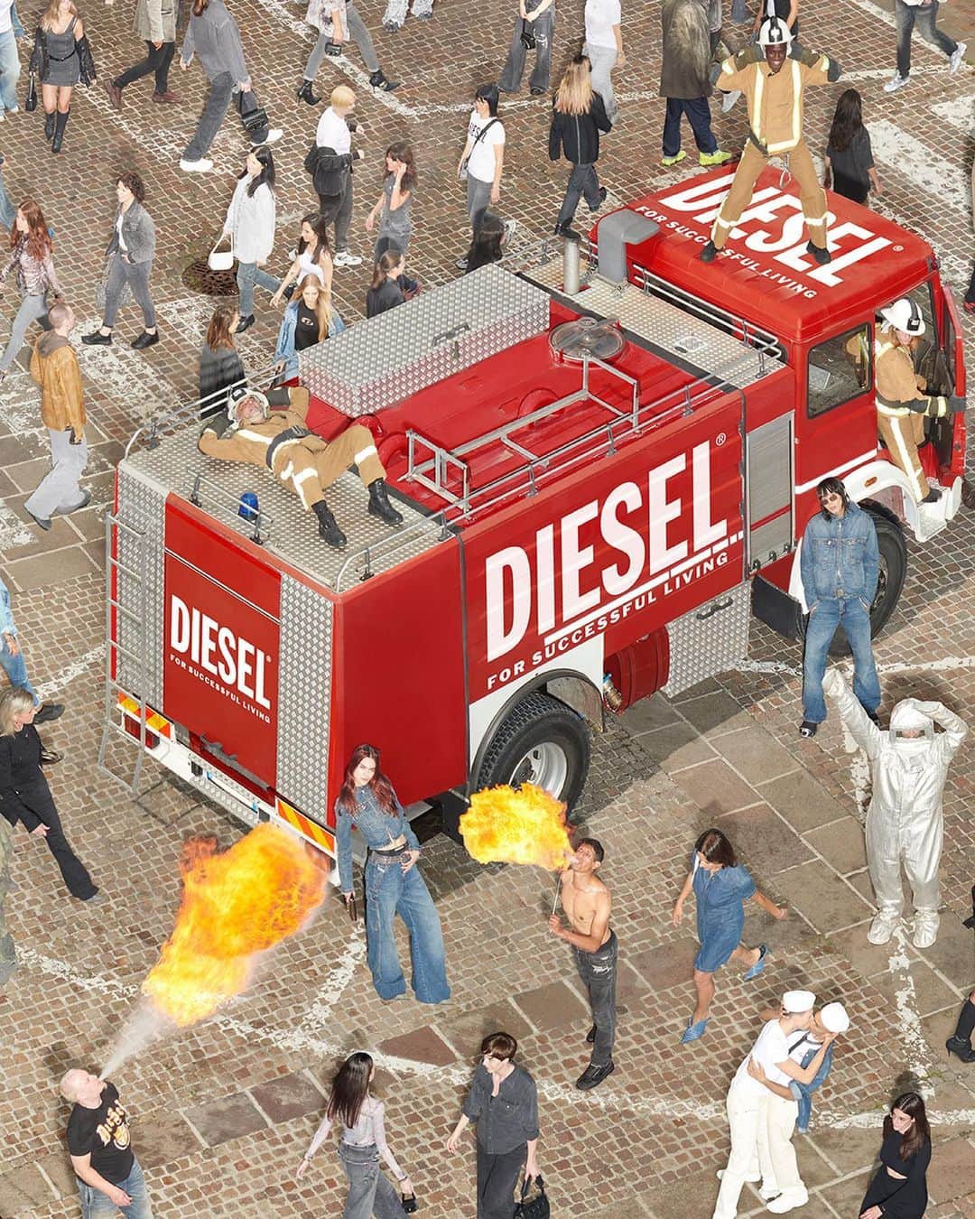 ディーゼルのインスタグラム：「Where there's smoke, there's fire. Hot D, right under your nose.  Find the D, the #DieselFW23 campaign, is an homage to children's puzzle games. Instead of searching for one character, a multitude of alluring, absurd and amusing people and situations are captured in images conceived by Creative Director @glennmartens, Art Director Christopher Simmonds and Photographer @johnnydufort.  Shot in Breganze, Italy, home of Diesel HQ, the cast is made up of hundreds of Diesel employees wearing looks from the #DieselFW23 collection.  Styling: @ursinagysi   Discover more at the link in bio.  #ForSuccessfulLiving」
