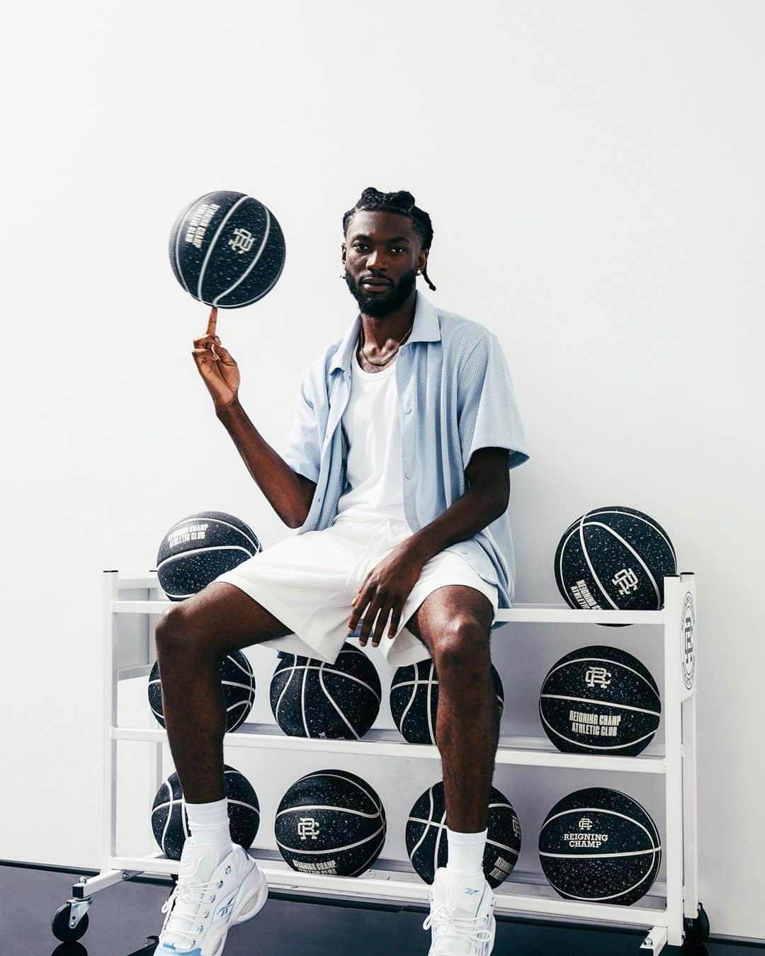 レイニングチャンプのインスタグラム：「An early fall capsule — the Shootaround Pack draws its name from the hardwood, inspired by dedicated hoopers and their pregame routines. Three styles are cut and sewn from premium athletic mesh, adorned with tonal side striping to pay homage to on-court origins.  Featuring full-cut classic fits, the Shootaround Shirt, Jersey, and 6" Short are available now in Ivory and Ice Blue.」