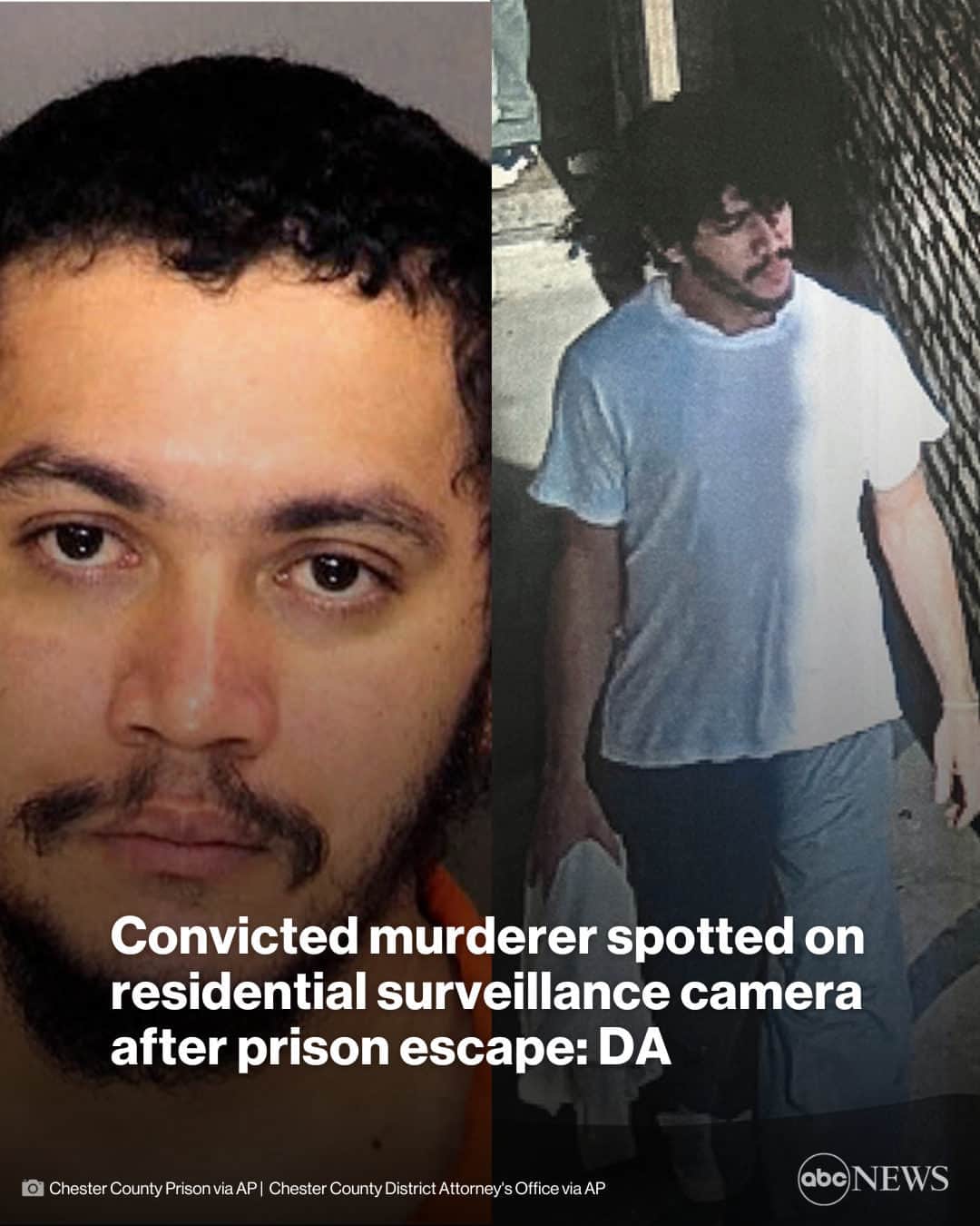ABC Newsのインスタグラム：「Convicted murderer Danelo Cavalcante, 34, was spotted on residential surveillance footage about 1.5 miles away from the Pennsylvania prison where he escaped from on Thursday. More at LINK IN BIO.」