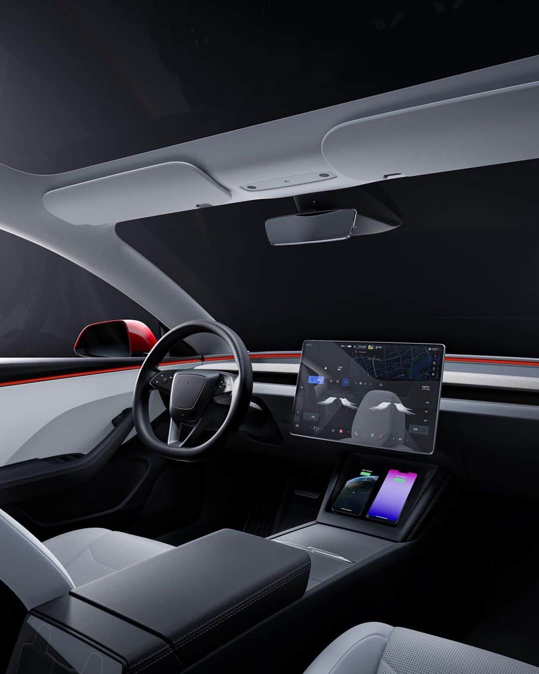 Teslaのインスタグラム：「The latest Model 3 has an all-new interior including:   - Re-designed wrap-around styling - Premium materials & textures - 360° acoustic glass for a quieter cabin - Customizable ambient lighting - Ventilated front seats - New sound system with up to 17 speakers, dual subs and dual amplifiers - Re-designed rear seats for more comfort - Rear screen with entertainment and climate controls  Now available in Europe, Middle East, China & Australia/NZ」