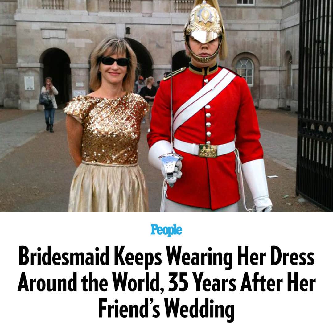People Magazineさんのインスタグラム写真 - (People MagazineInstagram)「When Rebecca Whitlinger first saw the gold sequined gold lamé bridesmaid dress for her close friend’s 1988 wedding, she was certain she wouldn’t wear it again.  "It seemed unlikely, until I decided, ‘If I couldn’t wear it anywhere, I’d wear it everywhere, and take the pictures to prove it,' ” says Whitlinger, 62, whose golden gown has twice been featured in PEOPLE magazine and is featured a third time in this week’s issue.  At the time, she hated the dress, but she kept quiet and wore it. “I loved my friend,” she says. And so did the rest of the bridal party, who wore matching golden disco-style dresses. “We all went along with it.”  Turns out, for the last 35 years, she has taken the custom-made, since-tailored gown with her wherever she goes and snapped a photo of herself wearing it, sharing the adventures on social media.  Tap our bio link to read more. | 📷: Patricia Sheridan」9月3日 10時45分 - people