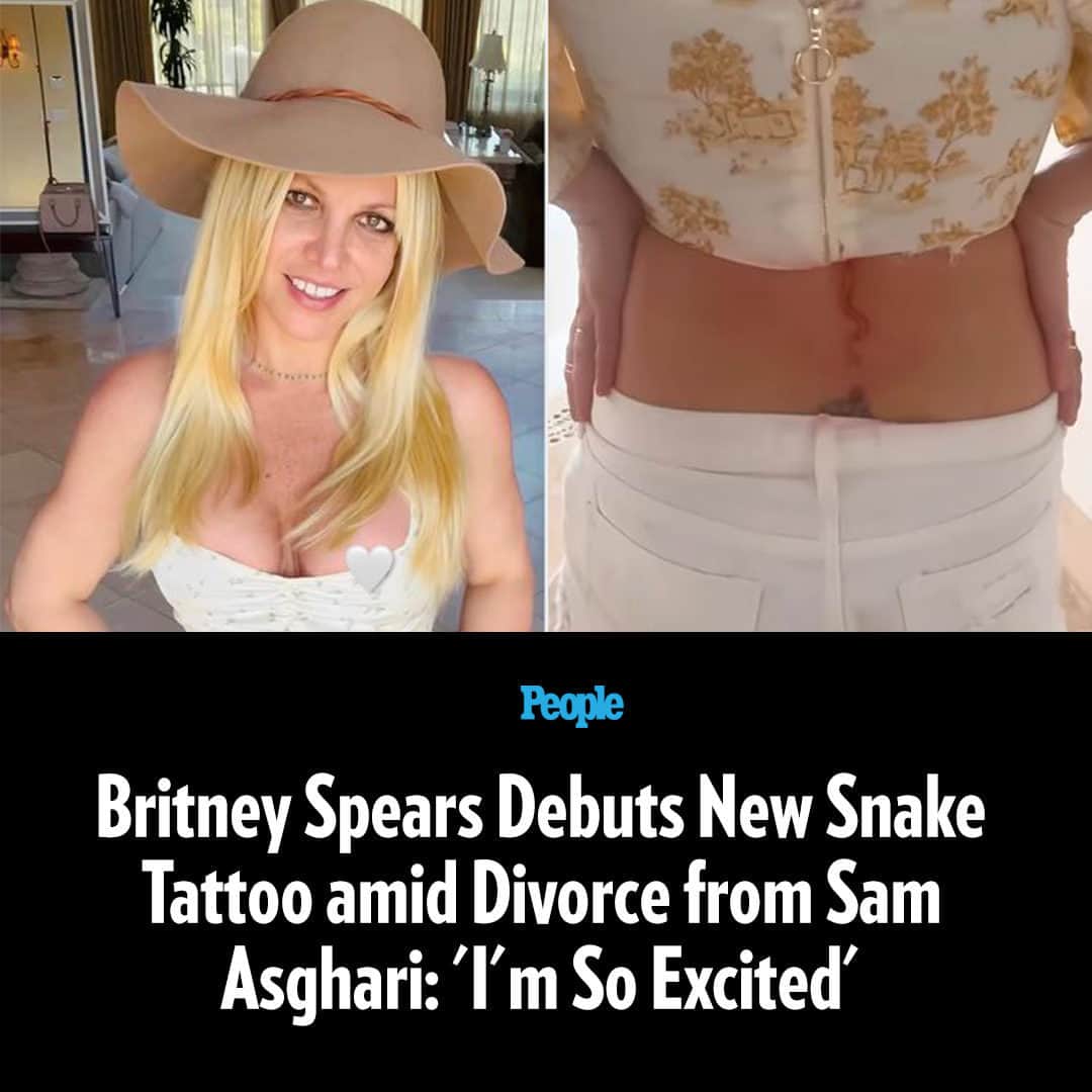 People Magazineさんのインスタグラム写真 - (People MagazineInstagram)「#BritneySpears is showing off some new ink. The pop superstar, 41, debuted a brand-new snake tattoo near her lower back in an Instagram Reel.  “My new snake tattoo, guys. I’m so excited!” she exclaims in the clip as she dances around to face the camera with a big smile. Spears captioned her social media post with a single snake emoji.  It comes a couple of weeks after she broke her silence about her separation from husband Sam Asghari. She addressed their impending divorce in an Instagram post, writing at the time, “As everyone knows, Hesam and I are no longer together … 6 years is a long time to be with someone so, I’m a little shocked but … I’m not here to explain why because its honestly nobody’s business !!!"  PEOPLE confirmed Spears and Asghari, 29, separated after 14 months of marriage on Aug. 16, with the actor filing for divorce the same day. Despite navigating the difficult time, Spears is still “in great spirits despite everything going on,” a source previously said. Tap the link in bio for the full story.」9月4日 0時00分 - people