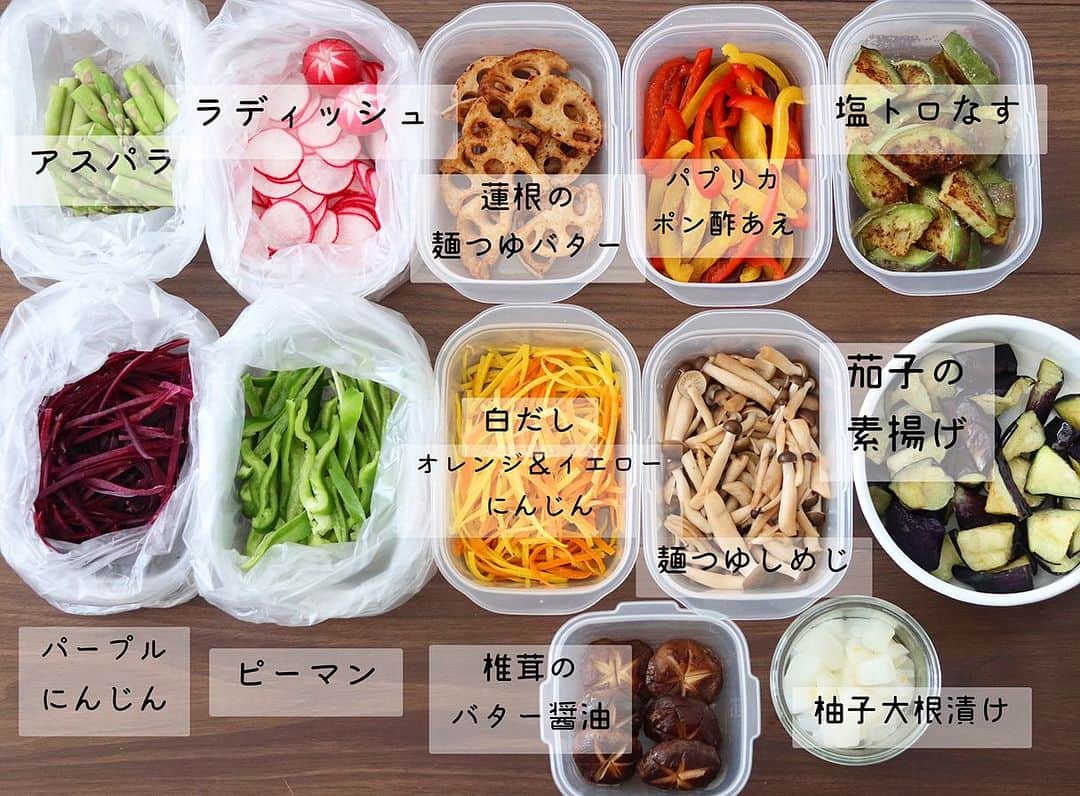 奥田和美さんのインスタグラム写真 - (奥田和美Instagram)「お弁当副菜の作りおき。 1時間かからず完成しました🙌  左側の袋に入った4つは切っただけ。 調理して時間が経つと色落ちするものは切るだけにして、アイラップに入れておけば新鮮なまま長持ちします👍 ⬇️ 使う時はそのままアイラップに麺つゆとかポン酢とか入れて袋ごとチンすればいいので便利。  朝忙しい時に切るという動作がないだけでも楽ちん💕 余ったら晩ご飯に使おう。  作る前に、使う食材、保存容器、使うであろう調味を全然出しておいて、全ての食材を先にババババーーーッと切っておくと早い🔪  レンチンするものはそれぞれ保存容器に入れて調味料をかけておき、 焼いてる間に順番にチンしました👆  あとは冷凍のブロッコリーとほうれん草なんかも使っていこうと思います🥰  ➡️今、レンジの中からさつまいものデザート（作りおき）が出てきました😳載せ忘れ💦 なんか足りないと思ってたんだよなー！（←完全に忘れてたくせにww）  #作り置き  #作りおき  #作り置き弁当」9月3日 15時28分 - kazumiokuda