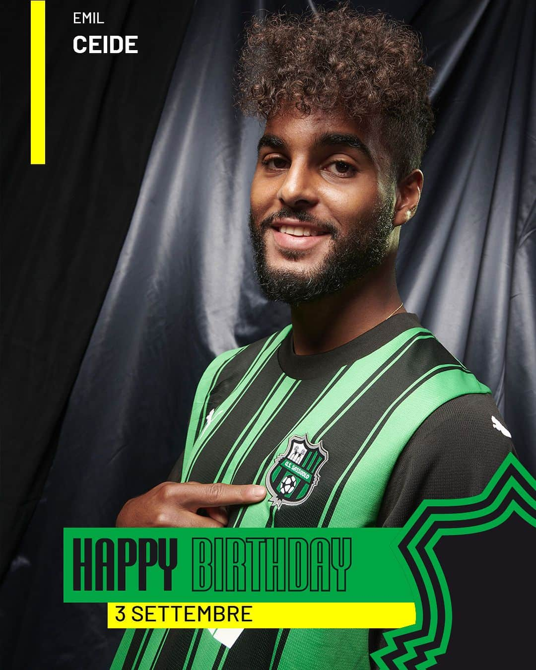 USサッスオーロ・カルチョのインスタグラム：「🎂 Oggi Emil #Ceide compie 22 anni! 🎉  Tanti auguri di #BuonCompleanno @emilceide!!! 🥳🥳🥳  #HappyBday 🖤💚 #ForzaSasol」