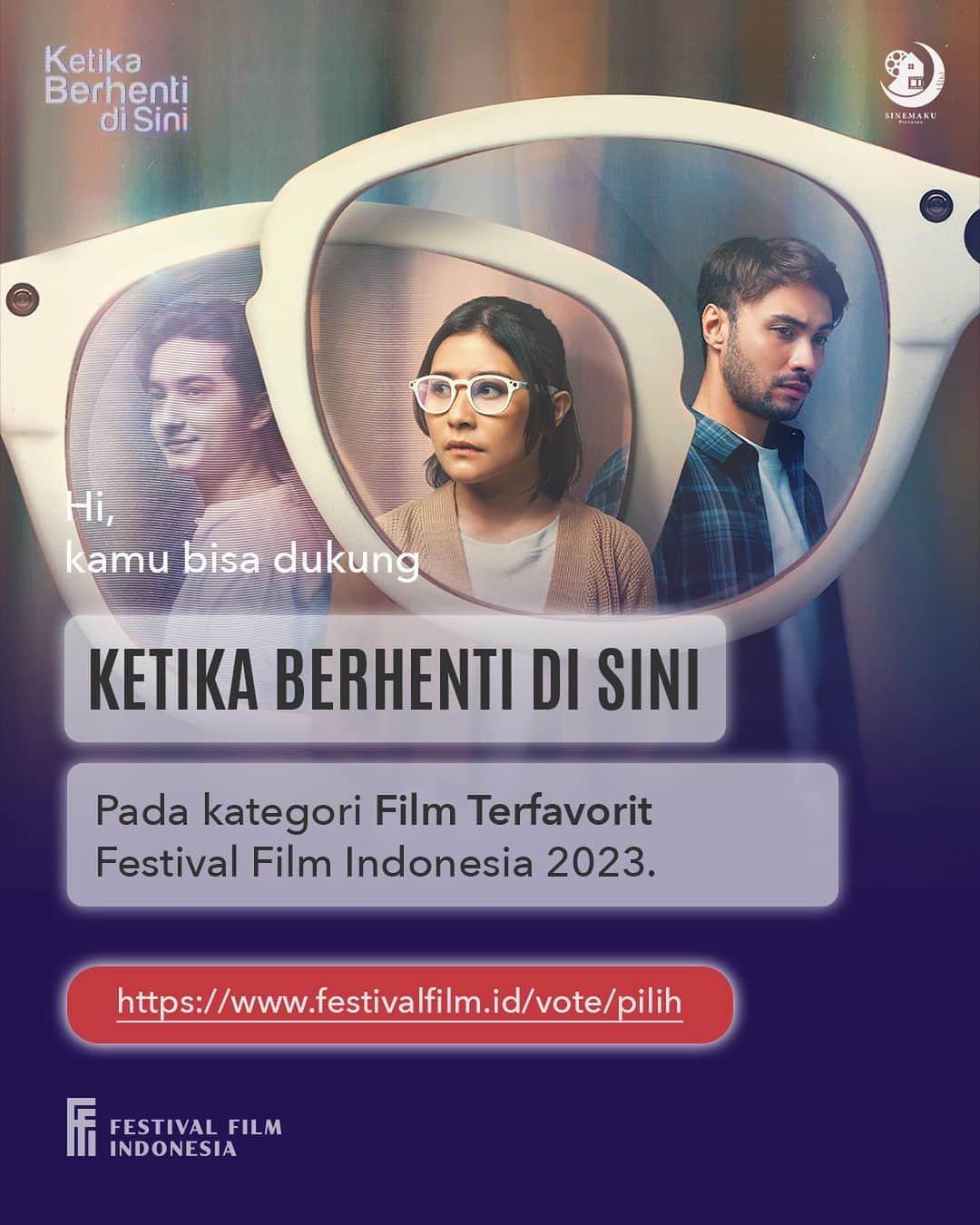 Prilly Latuconsinaのインスタグラム：「HAI SEMUANYA! kamu bisa dukung Ketika Berhenti di Sini dan aku pada kategori Film dan Aktris Terfavorit Festival Film Indonesia 2023! 💙  Caranya, vote pada link berikut ini ya:  https://www.festivalfilm.id/vote/pilih  Terima kasih yaa dukungan kalian akan sangat berarti buat aku 💙🥹  #KetikaBerhentidiSini」
