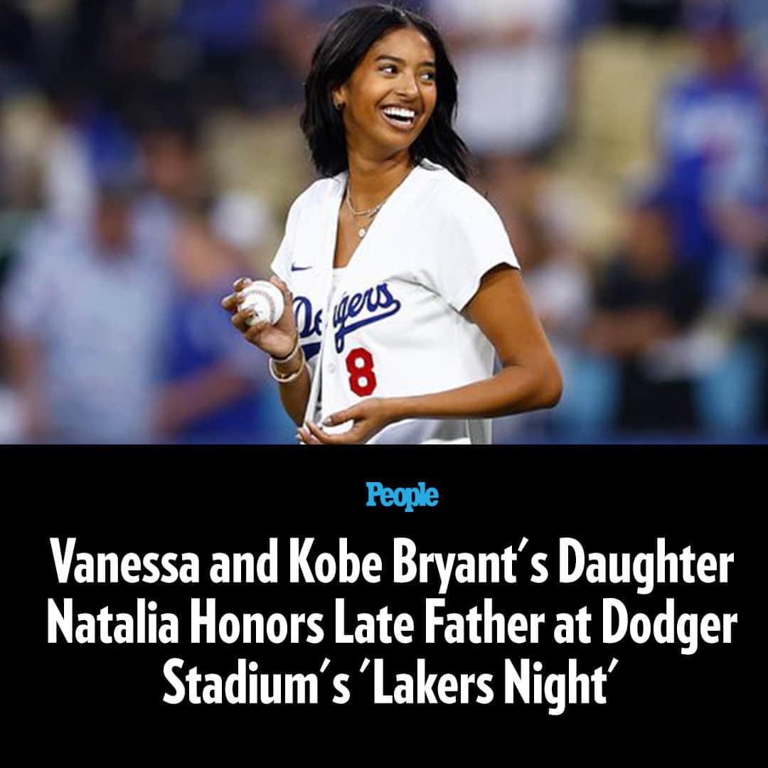 People Magazineさんのインスタグラム写真 - (People MagazineInstagram)「Natalia Bryant, the eldest daughter of the late NBA icon, honored her dad, #KobeBryant, and the city he played for by throwing the ceremonial first pitch at the Los Angeles Dodgers annual "Lakers Night" on Friday.  Wearing a Dodgers jersey with her one of her dad's Lakers numbers (No. 8) embroidered on it, Natalia tossed the baseball to right fielder Mookie Betts.  For the pitch, which mom Vanessa Bryant posted about on Instagram shortly after it all went down, Natalia stepped a few feet in front of the pitcher's mound and threw a steady ball right into Betts' glove.  Betts then stood up and walked over to Natalia to give her a celebratory hug. Before the throw, the stadium displayed an image of Kobe watching a Dodgers game years back, with Natalia in his arms. Tap the link in bio for the full story.」9月3日 19時00分 - people
