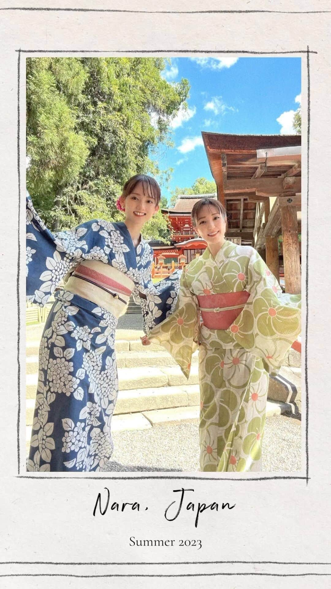 伊藤友季子のインスタグラム：「📍Nara, Japan  　 ふたり旅👭🏻 昨年、河口湖で泊まった「ふふ」が すっかり気に入って、今年は奈良へ🦌 　 初日は浴衣で奈良公園と春日大社を散策👘 宿でゆっくりお風呂と美味しい和食を堪能🍚 サプライズプレートに泣いた🥲 　 ２日目は明日香村まで足を伸ばして 岡寺と橘寺を巡りました🌼 日本の夏をとことん満喫🎐 たくさん歩いた後のメロンスムージーの 美味しかったこと🍈 　 夏の終わりに素敵な思い出がまたひとつ🌾 来年はどこに行こうかね☺️ いつもありがとう💛   　 #奈良 #奈良公園 #春日大社 #水谷茶屋 #明日香村 #岡寺 #橘寺 #カフェことだま #鹿 #浴衣 #ふふ奈良 #ふふ #国内旅行 #nara #narapark #kasugataisha #japantravel #japantrip #japan #2023夏 #summer2023」