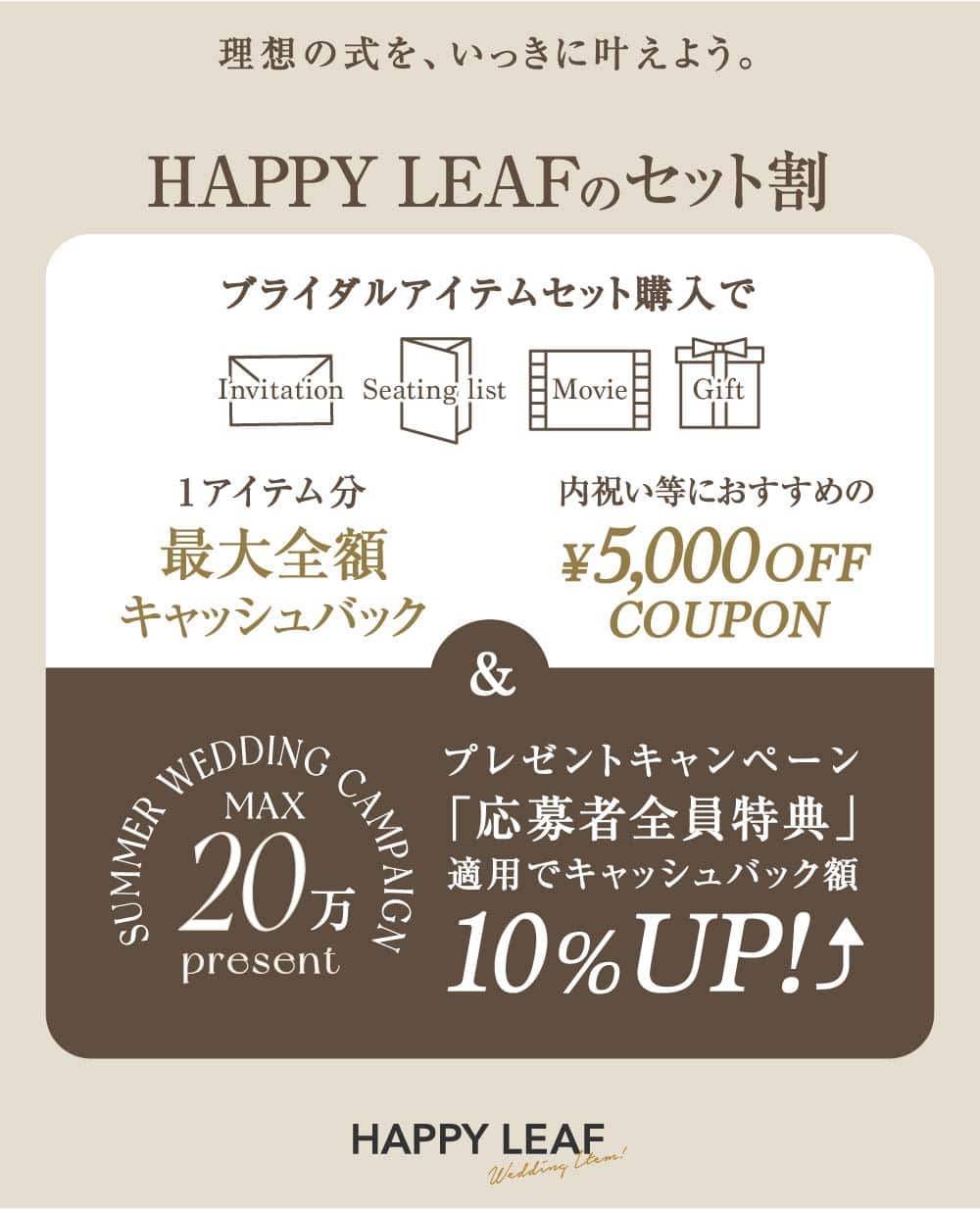 Happy Leafのインスタグラム：「＼ ウェディングサマーキャンペーン実施中🏝／ 【 応募者全員にもれなく特典プレゼント！】  厳しい夏の結婚式準備を応援すべく、 毎週1名様に〖 最大20万円相当 〗の ウェディングアイテムをプレゼントする サマーキャンペーンを開催中！📣  さらに！応募者全員にもれなく セット購入割のキャッシュバック額𝟭𝟬％𝗨𝗣の おトクなクーポンをプレゼントいたします！🎁  この投稿では、どのくらいおトクになるのか 具体的にご紹介いたします◎  ･････････････････････････････････  ✦ セット割とは？ ✦ ￣￣￣￣￣￣￣￣￣ ・招待状 or 席次表 ・演出ムービー ・引き出物 上記から2つ以上のアイテムを組み合わせて注文すると、 最大で席次表全額キャッシュバックや 引き出物で使えるクーポンがもらえる とってもおトクなサービス！✨  ･････････････････････････････････  ✦ どのくらいおトクになるの？ ✦ ￣￣￣￣￣￣￣￣￣￣￣￣￣￣￣ ▸ キャッシュバック額𝟭𝟬％𝗨𝗣を適用すると… 「招待状」＋「席次表・席札」＋「引き出物」 ⇒ ゲスト50名の場合【 24,350円相当おトクに！】 ※ 席札無料分含む  ⚘ ------さらに賢い利用方法をご紹介！------ ⚘  《 𝘾𝘼𝘾𝙀 𝟭 》 ・4セット購入でシンプルなグレートーンコーデ ・￥5,000 OFFクーポンを使用して 　憧れのブランド結婚内祝いもゲット  「招待状」＋「席次表・席札」＋「演出ムービー」＋「引き出物」 ＆「結婚内祝い」￥5,000 OFFクーポン✨ ⇒ ゲスト50名の場合【 44,200円相当おトクに！】  《 𝘾𝘼𝘾𝙀 𝟮 》 ・招待状はDIY。他3点をセット購入で秋婚大人コーデ ・￥5,000 OFFクーポンで 　上質な内祝いもゲットして、贈り物上手に。  「席次表・席札」＋「演出ムービー」＋「引き出物」 ＆「結婚内祝い」￥5,000 OFFクーポン✨ ⇒ ゲスト50名の場合【 34,700円相当おトクに！】  ※2023年6月にリニューアルした 新セット割適用時の金額となります。 ご注文状況によって旧セット割適用となる場合がございます。 詳しくはハイライトからご確認ください。  ･････････････････････････････････  ✦ キャンペーン応募方法 ✦ ￣￣￣￣￣￣￣￣￣￣￣￣ 応募はかんたん3ステップ！  𝙨𝙩𝙚𝙥.𝟭  姉妹ブランドの3アカウントを【 フォロー 】 　☑ HAPPY LEAF @happyleaf_wedding 　　→招待状・席次表・ウェルカムボード 　☑ HAPPY MOVIES @happymovies_wedding 　　→演出ムービー 　☑ HYACCA @hyacca_gift 　　→引き出物・プチギフト・内祝い  𝙨𝙩𝙚𝙥.𝟮  キャンペーン投稿に【 いいね 】 𝙨𝙩𝙚𝙥.𝟯  欲しいプレゼントを【 コメント 】  (例)「全部欲しい！」「80名挙式だから助かる♪」 　　「DIYするから招待状以外全部欲しい！」など  ⇒ 応募完了！✨  ･････････････････････････････････  ✦ 開催期間 ✦ ￣￣￣￣￣￣ 2023年8月13日(日) 〜 2023年9月9日(土) 4週連続で開催！  ✦キャンペーン対象者 ✦ ￣￣￣￣￣￣￣￣￣￣￣ 挙式が2023年9月以降の方  ✦ 特典利用期間 ✦ ￣￣￣￣￣￣￣￣ 2023年8月28日(月) 〜 2024年8月31日(土)まで  ✦ 注意事項 ✦ ￣￣￣￣￣￣ ※ Instagramアカウント公開設定の方のみ ※ フォロー解除・アカウント削除をした場合は当選無効 ※ 式場経由でご注文された場合はキャンペーン適用外 ※ オプション料金は別途発生 ※ キャンペーン当選者は除く  ✦ 応募者全員特典の申請方法 ✦ ￣￣￣￣￣￣￣￣￣￣￣￣￣￣ セット割申請フォームの自由記入項目に 応募時のinstagramアカウント名 ＆ 「応募者全員特典希望」と記入するだけ♪  ･････････････････････････････････  これから挙式を予定している方は ぜひこのチャンスをお見逃しなく！💨  たくさんのご応募お待ちしています👒✨  ・ #happyleaf #ハッピーリーフ #招待状 #席次表 #ペーパーアイテム #ウェルカムスペース #ウェルカムボード #ペーパーアイテム手作り #席次表手作り #プレ花嫁 #プレ花嫁準備 #プレ花嫁diy #全国のプレ花嫁さんと繋がりたい #プレ花嫁さんと繋がりたい #結婚式準備 #結婚式diy #席次表diy #2023秋婚 #2023冬婚 #ちーむ1123 #ちーむ1125 #ちーむ1126 #ちーむ1202 #ちーむ1203 #ちーむ1209 #ちーむ1210 #ちーむ1216 #キャンペーン #キャンペーン実施中 #キャンペーン企画」