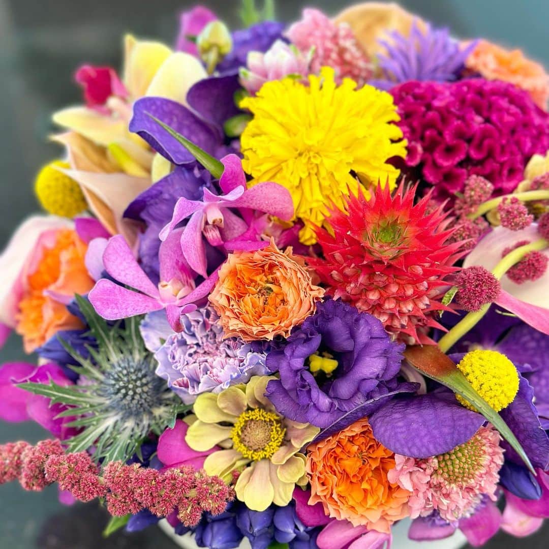 kyoco_ococのインスタグラム：「結婚記念日の日の朝にピンポーンと届いたお花 こんなに色鮮やかなお花は初めて💜綺麗🧡 いつもありがとう👨🏻💛  #weddinganniversary#thankyou#花束#記念日#結婚記念日」