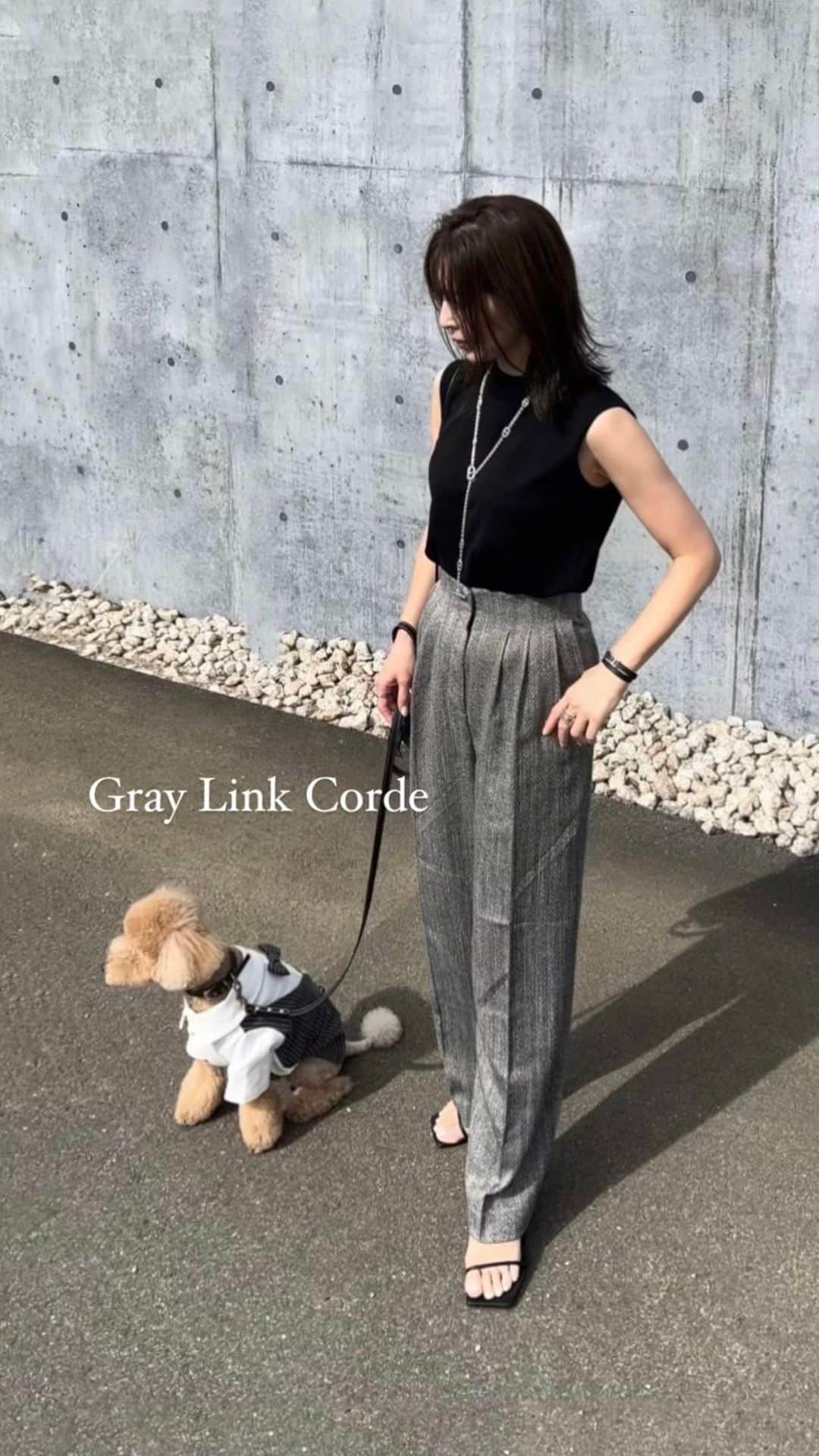のインスタグラム：「今日はARUの4歳の誕生日🎂 グレーでリンクしてお出かけ🐶  H&Mで見つけたツイードパンツが可愛い🩶 ハイネックニットのノースリーブニットはGU 形が綺麗でダークグレーと2色買い🙆🏻‍♀️  knit… @gu_for_all_  pants… @hm  bag… @newbottega  accessory… @hermes  ARU… @room_rakuten」