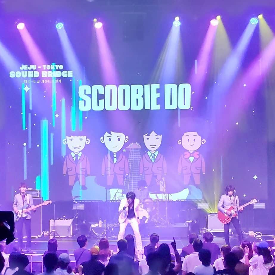 マツキタイジロウのインスタグラム：「「JEJU-TOKYO SOUND BRIDGE」へ出演するため在日ファンクと共に8年振りにチェジュ島へ。 街の至る所にイベントのフラッグが掲げられ、運営が各バンドのイメージもデザインしてくれていてテンションも上がる。 本番前に8年前の風景を頼りに港の方まで歩いてみる。 打てば響くチェジュの満員のプラスワンモーは前回同様。 打ち上げで行ったDJバーでは'70〜'80年代の踊れるK-Popばかり流れていて思わず出演者皆で体を揺らす。 バンドマン冥利に尽きる幸せな時間でした。 東京編は9/5に新代田FEVERにて。」