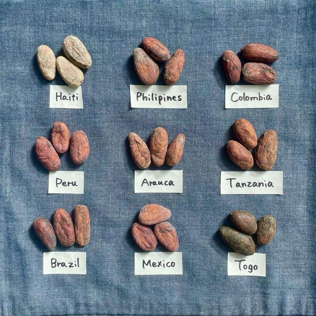 Minimal-BeantoBarChocolate-さんのインスタグラム写真 - (Minimal-BeantoBarChocolate-Instagram)「秋冬のシーズンに向け、工房にたくさんのカカオ豆が届きました！ 並べてみると、国ごとに個性豊かな表情をもっていることがわかります。 このカカオ豆の殻をむき、砕いて焼いて…チョコレートにしていきます。  カカオ豆から丁寧におつくりするMinimalのチョコレートは、産地や種類、収穫年の気候などによって異なる味わいが楽しめます。  ワインやコーヒーのように、ぜひ産地にも注目して召し上がってみてください。  ◆  Minimalは、カカオ豆からチョコレートをお造りする、Bean（豆） to Bar（板チョコレート）と呼ばれるスタイルのチョコレート専門店です。  ……と言われても、なんだか当たり前に聞こえるかもしれませんね。 でも実は、スーパーなどでよく目にするチョコレートは、製菓用チョコレートの「一次加工メーカー」と、最終製品に仕上げる「製菓メーカー」とで役割が分けられています。 大量に仕入れ一気に加工する恩恵として、安価で均質なチョコレートを食べられるようになりました。  一方、Bean to Barスタイルのチョコレートはカカオ豆の仕入れから販売まで自社で一貫管理することで、カカオの個性を活かしたチョコレートを生み出します。  Minimalでは、毎回カカオ豆の状態を見極め、焙煎時間やカカオ濃度を1℃、1%単位で管理し、１回ごとの最適なレシピに仕上げています。  さらにカカオ農家さんと協力して、発酵実験などを行い、美味しく、より品質の高いカカオ豆の生産に取り組んでいます。 そしてその高品質なカカオ豆を、フェアトレード以上の価格で仕入れています。  食べる人、農家さん、造り手、三方良しのチョコレートを目指しています。  #MinimalChocolate #MinimalBeanToBarChocolate #BeanToBar #BeanToBarChocolate #craftchocolate #ミニマルチョコレート #ミニマルビーントゥバーチョコレート #ビーントゥバー #クラフトチョコレート #tokyocafe #tokyopatisserie #tokyochocolate  #tokyochocolatfactory #tokyochocolaterie #チョコレート専門店」9月3日 22時16分 - minimal_beantobarchocolate