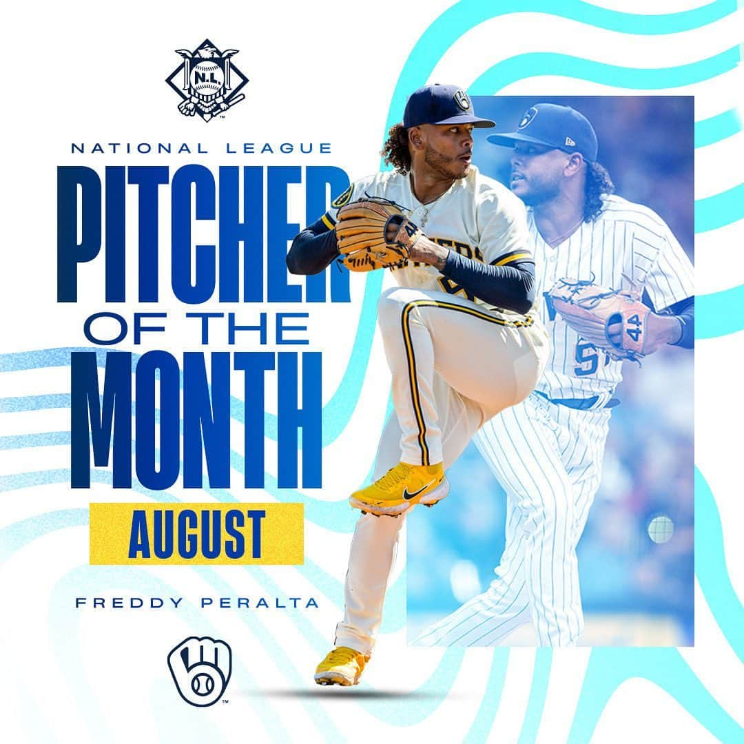 ミルウォーキー・ブルワーズのインスタグラム：「An August to remember!   Congrats to @fpd04____ on being named NL Pitcher of the Month  #ThisIsMyCrew」