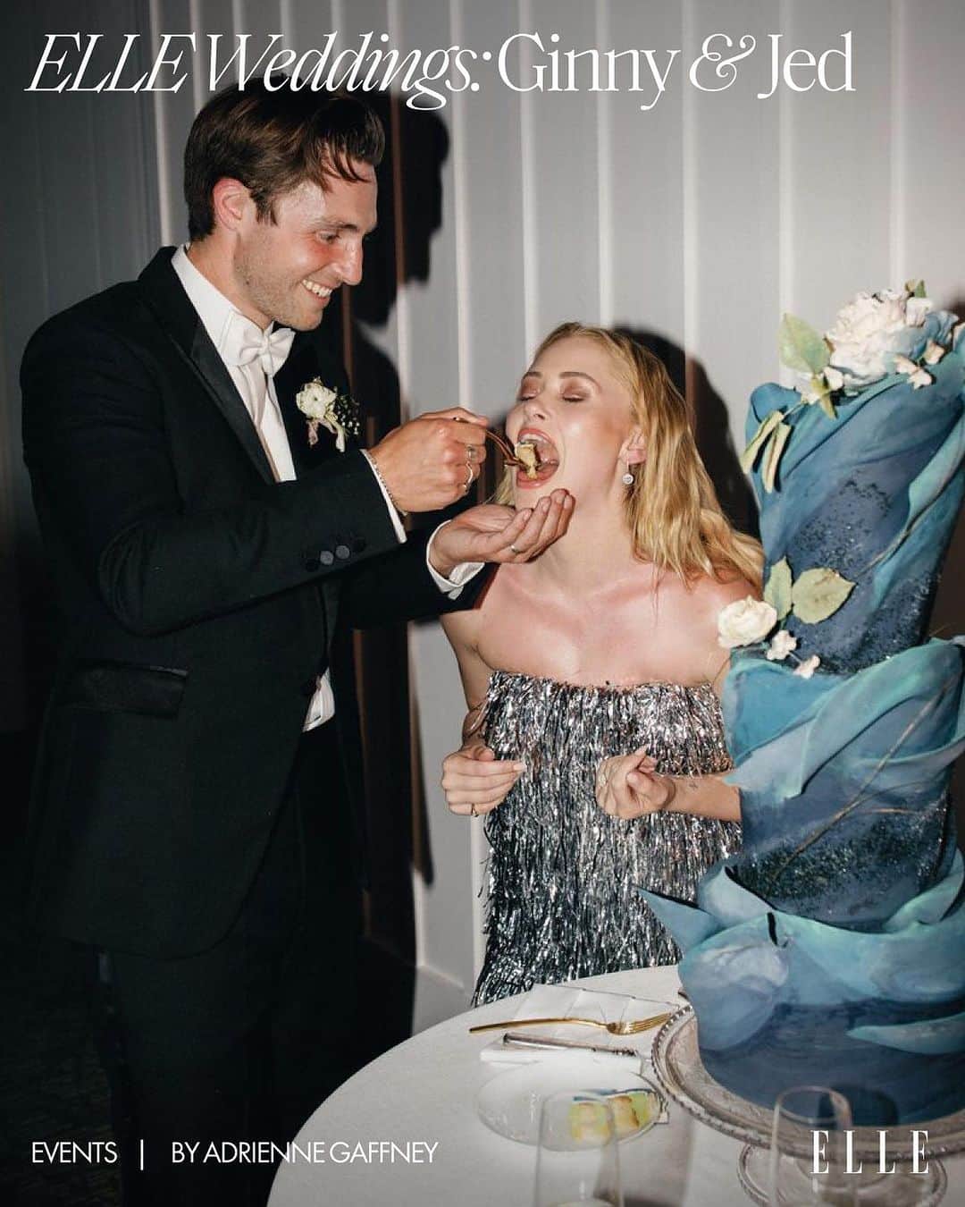 ELLE Magazineのインスタグラム：「Actress Virginia Gardner and musician Jed Elliott wanted “an explosion of fun” for their Napa Valley wedding. “The element that I kept coming back to for the wedding, that I wanted to be reflected in the floral, in the dance floor, in our ballroom, was celebrating California for what it is and its beauty and the florals,” Gardner says. “I also wanted it to feel whimsical and not too stuffy or too serious.”   Take an exclusive look inside the ceremony at the link in bio. Photos: @seanthomasphoto」