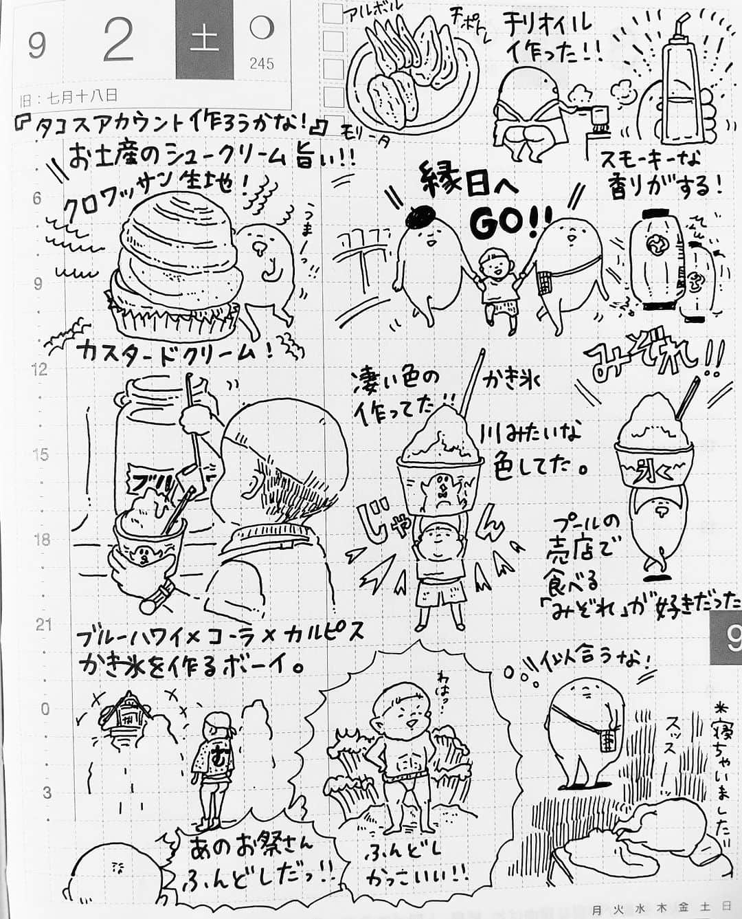 山川あかねのインスタグラム：「9/2  #ほぼ日手帳  #お尻絵日記  #イラスト  #illustration  #縁日  #チリオイル  #モノクロ  #かき氷」