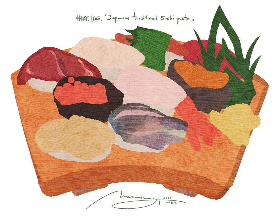 もみじ真魚のインスタグラム：「『#1605/「Japanese Traditional Sushi Plate(1)」』  もみじ真魚/MaoMomiji 2023年9月4日 00:59  ”Japanese Traditions to be Passed on to NYC." This is a new work to be drawn. After much thought and consideration, I knew I couldn't leave out Japanese sushi. I am in a tight schedule, but my passion is unstoppable, and I will do my best from here!  「NYCに伝えたい日本の伝統」 描きおろし予定の新作です。たくさん考えた結果、やっぱり日本のお寿司は外せません。スケジュール的には厳しい状態ですがパッションは止められない、出来る限りの全力を尽くしてここから頑張ります！  #日刊ごはんが好き #foodie #foodieart #dailyilovefood  #毎日更新 #foodillustration #fooddrawing #もみじ真魚 #maomomiji #飯テロ #美食 #寿司 #sushi」