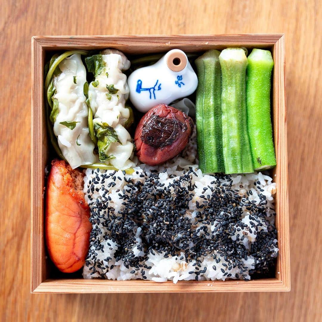 武井義明のインスタグラム：「Today’s bento.  オクラの下には昨日のシュウマイが入ってます。細長い蒸し物は、エリンギを豚バラ肉とシュウマイの皮で巻いたもの。  #leica_photos #leicaphoto #leicaphotography #leicasl #leicasl601 #foodphotography #foodphotographyandstyling #bento #lunchbox」