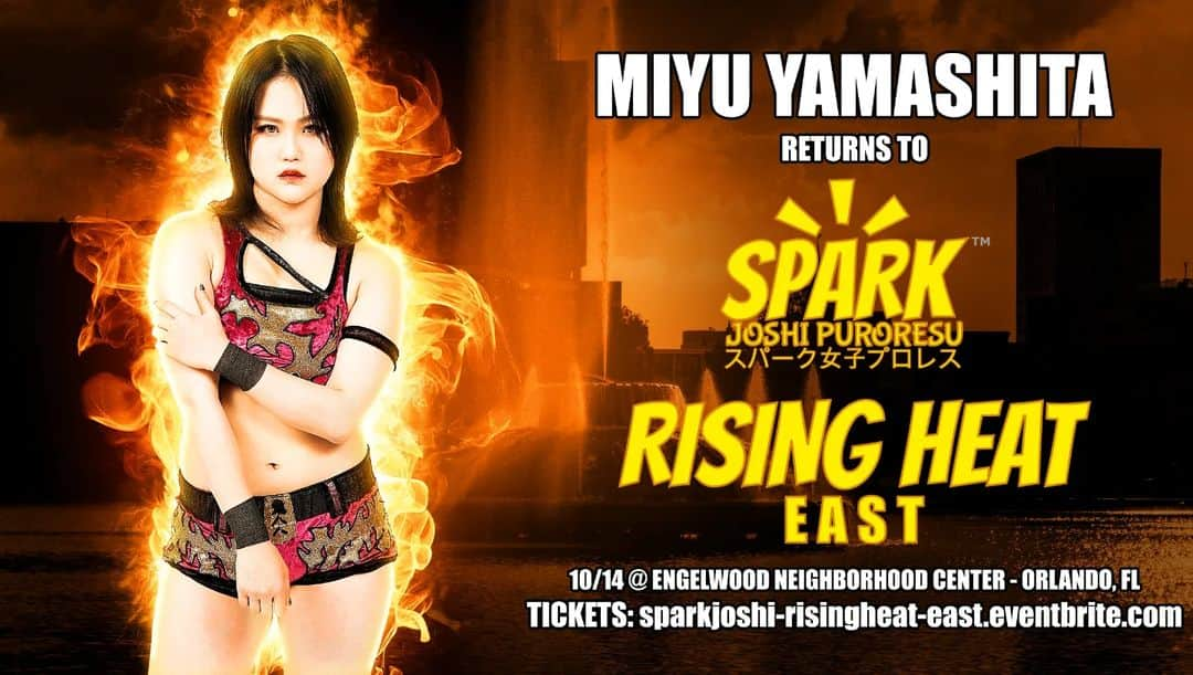 山下実優のインスタグラム：「Miyu Yamashita returns to Spark Joshi Puroresu at Rising Heat East in Orlando, Florida on October 14th!  After becoming the first Spark Joshi World Champion at Ignite East, Miyu Yamashita returns at Spark Joshi's upcoming show in Florida! Known for her arsenal of stiff kicks from her background in Kyokushin karate, the "Pink Striker" was TJPW's first Princess of Princess Champion and is currently the EVE Champion. Next, fans in America can see her live in Orlando, Florida!  Rising Heat East will take place at the Engelwood Neighborhood Center in Orlando, Florida on Saturday, October 14th. (Doors open at 4pm, bell at 5pm.) More announcements to come soon.  Tickets on sale NOW!!  sparkjoshi-risingheat-east.eventbrite.com  (Or visit SparkJoshi.com for more info - link in bio)  @miyu.yamashita  #sparkjoshi #joshipuroresu #joshiwrestling #joshiwrestler #joshiwrestlers #wrestling #prowrestling #puroresu #wrestlingtickets #whattodoinflorida #floridawrestling #floridawrestlingcommunity #orlandowrestling #japanesewrestler #womenswrestling #womenswrestlingmatters #womensprowrestling #japanesewrestling #floridaprowrestling #indiewrestling」