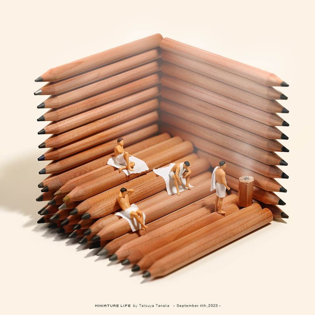 田中達也のインスタグラム：「⠀ “Pencil Sauna” ⠀ ⠀ 鉛筆をととのえました ⠀ ⠀ ─────────────────── 《EXHIBITION info》 ⠀ 【ミニチュアの視点で見る日本－田中 達也 展】 Japan from miniatures - Tatsuya Tanaka at Japan House São Paulo until : Oct. 8, 2023 ⠀ 【ミニチュアライフ 神戸エアポート】 MINIATURE LIFE × KOBE AIRPORT ⠀」