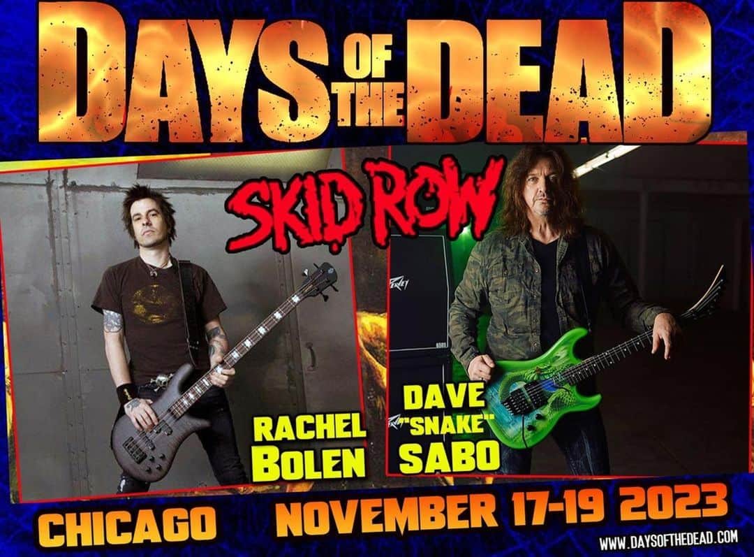 レイチェル・ボランさんのインスタグラム写真 - (レイチェル・ボランInstagram)「CHECK IT OUT!  @daysofthedeadhorrorcon ・・・ It is with great pleasure that we announce the addition of musicians Rachel Bolan and Dave "Snake" Sabo of SKID ROW to the guest roster for DAYS OF THE DEAD: CHICAGO happening November 17-19 2023 at the Crowne Plaza Chicago Ohare Hotel & Conf Ctr 5440 North River Road Rosemont, IL 60018  Skid Row is an American rock band formed in 1986 in Toms River, New Jersey. Their current lineup comprises bassist Rachel Bolan, guitarists Dave Sabo and Scotti Hill, drummer Rob Hammersmith and vocalist Erik Grönwall. The group achieved commercial success in the late 1980s and early 1990s, with its first two albums Skid Row (1989) and Slave to the Grind (1991) certified multi-platinum, the latter of which reached number one on the Billboard 200. Those two albums also produced some of Skid Row's most popular hits, both in and outside of the United States, including "18 and Life" and "I Remember You", which peaked in the top 10 of the Billboard Hot 100, and other charting singles such as "Youth Gone Wild", "Monkey Business", "Slave to the Grind", "Wasted Time", and "In a Darkened Room". The band's third album Subhuman Race (1995) was also critically acclaimed, but failed to repeat the success of its predecessors. The band had sold 20 million albums worldwide by the end of 1996.   CLICK TO BUY TICKETS 👇🏻👇🏻👇🏻👇🏻  Tickets on sale at https://www.eventbrite.com/e/days-of-the-dead-chicago-2023-tickets-475411627977?aff=ebdshpsearchautocomplete  Hotel rooms at https://www.ihg.com/crowneplaza/hotels/us/en/rosemont/chiok/hoteldetail?fromRedirect=true&qSrt=sBR&qIta=99801505&icdv=99801505&qSlH=CHIOK&qGrpCd=X8Z&setPMCookies=true&qSHBrC=CP&qDest=5440+North+River+Road%2C+Rosemont%2C+IL%2C+US&srb_u=1  Pro Photo Ops https://captureticketing.com/events/34  Join our event page https://www.facebook.com/events/510982861092486?active_tab=about  More into at www.daysofthedead.com  #bolan #rachelbolan #skidrow #snakesabo #slavetothegrind #monkeybusiness #daysofthedead #daysofthedeadchicago #horrorconvention ##」9月4日 7時02分 - officialrachelbolan