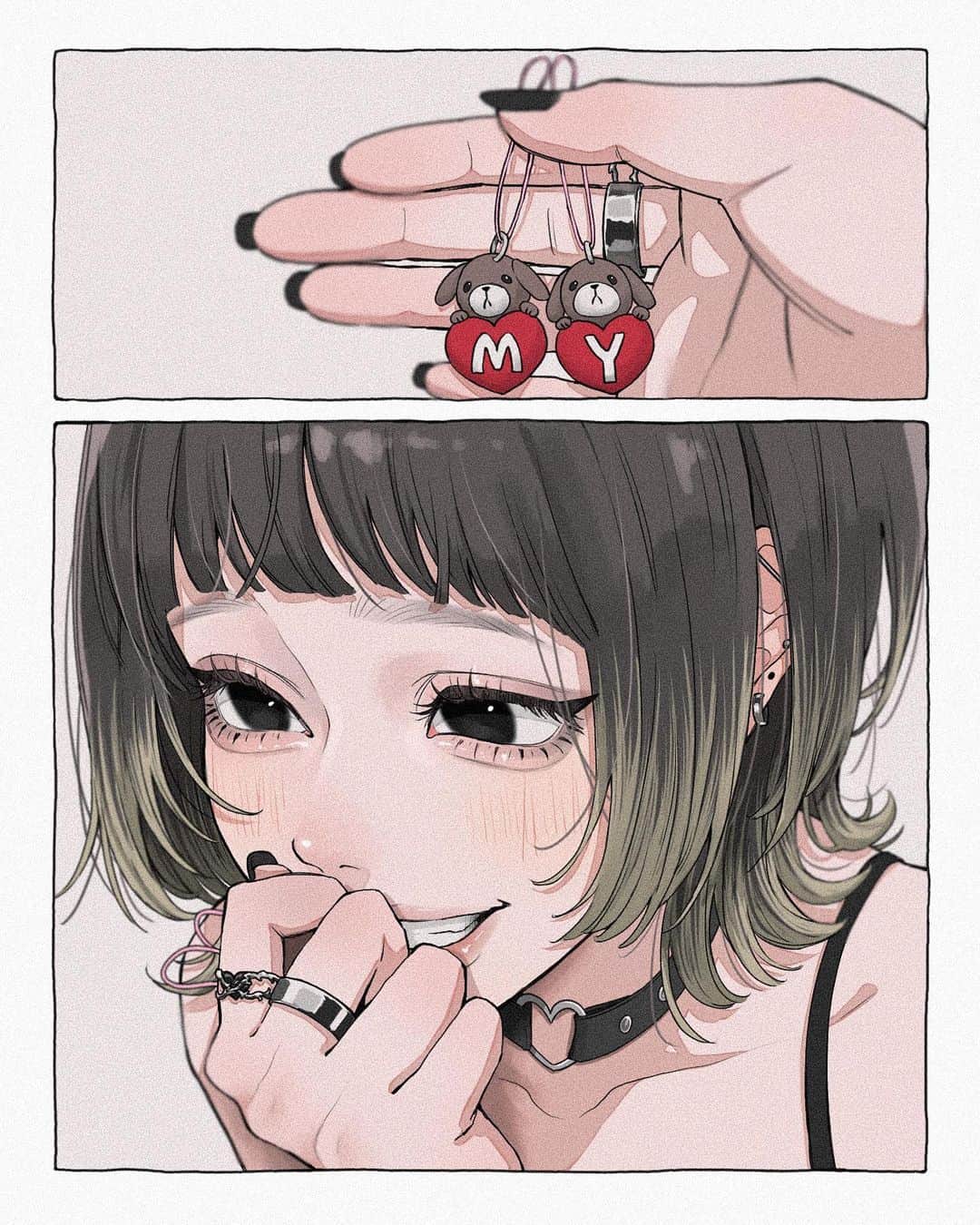 田森のインスタグラム：「おそろいのストラップ1/2  #イラスト#イラストレーション#ウルフカット#ウルフ#ウルフカット女子#指輪#ストラップ#チョーカー#百合」