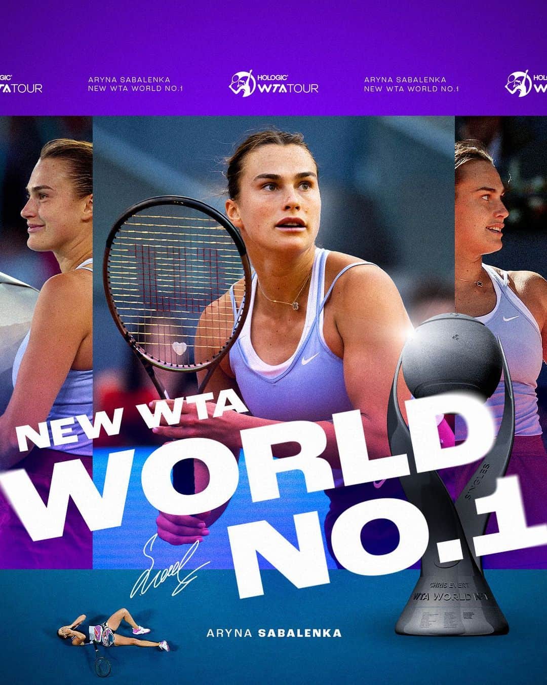 WTA（女子テニス協会）のインスタグラム：「Welcome to the number one spot☝️  Your new Hologic WTA Tour World No.1, @sabalenka_aryna 🐯」