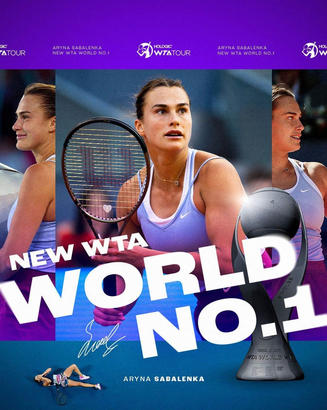 WTA（女子テニス協会）さんのインスタグラム写真 - (WTA（女子テニス協会）Instagram)「Welcome to the number one spot☝️  Your new Hologic WTA Tour World No.1, @sabalenka_aryna 🐯」9月4日 13時53分 - wta