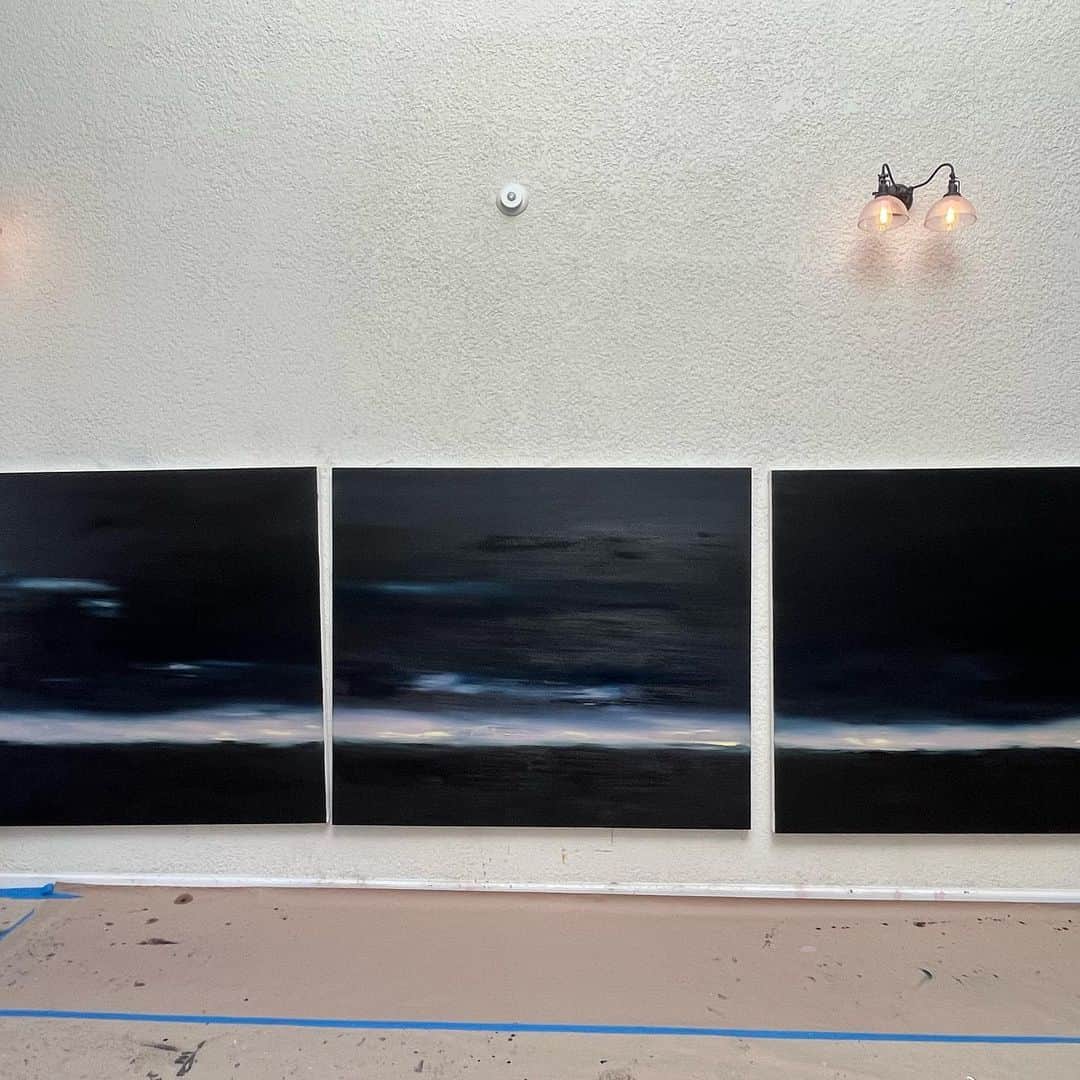 マイケルエンジェルのインスタグラム：「Three - oil on canvas  60 x 70 inches each   ‘Night’ 2023  1st layer. “New Wave” 2023 #landscapes」