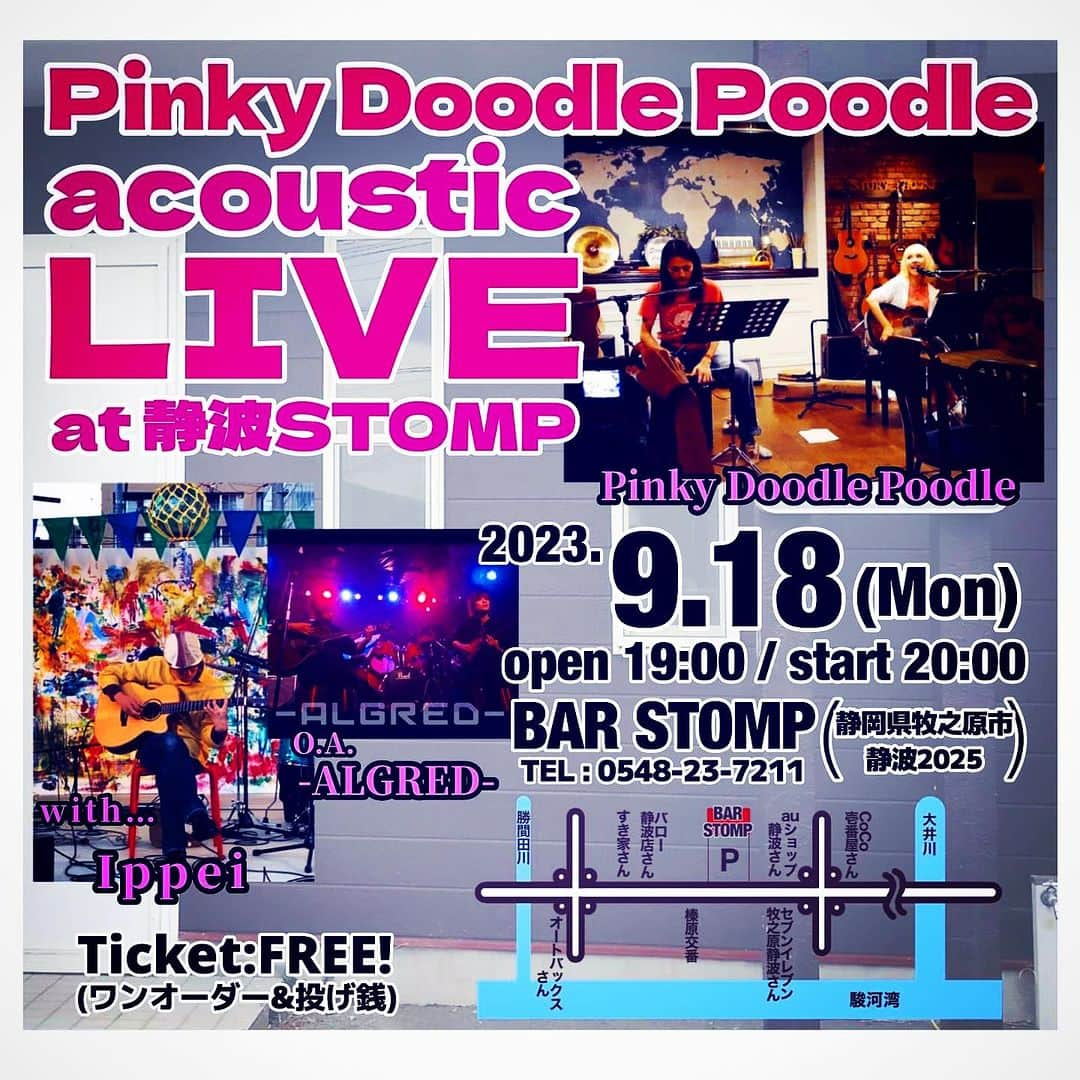 PINKY DOODLE POODLEさんのインスタグラム写真 - (PINKY DOODLE POODLEInstagram)「9/18(月 敬老の日) 静岡の牧之原 BAR STOMPさんライブ、 １組アーティストの方が入れ替わりました。  ALGRED Ippei PDP  となってます。  入場無料 投げ銭 open 19:00 start 20:00  お近くの方、是非！！  #acousticlive #liveinjapan2023 #pinkydoodlepoodle  #highenergyrocknroll  #highenergyrockband #japaneserockband #chickenranchrecords #femalerocker #baxendaleconversion  #baxendaleguitar  #kayguitar  #vintageacoustic  #shortscaleacousticguitar」9月4日 15時02分 - pinkydoodlepoodle