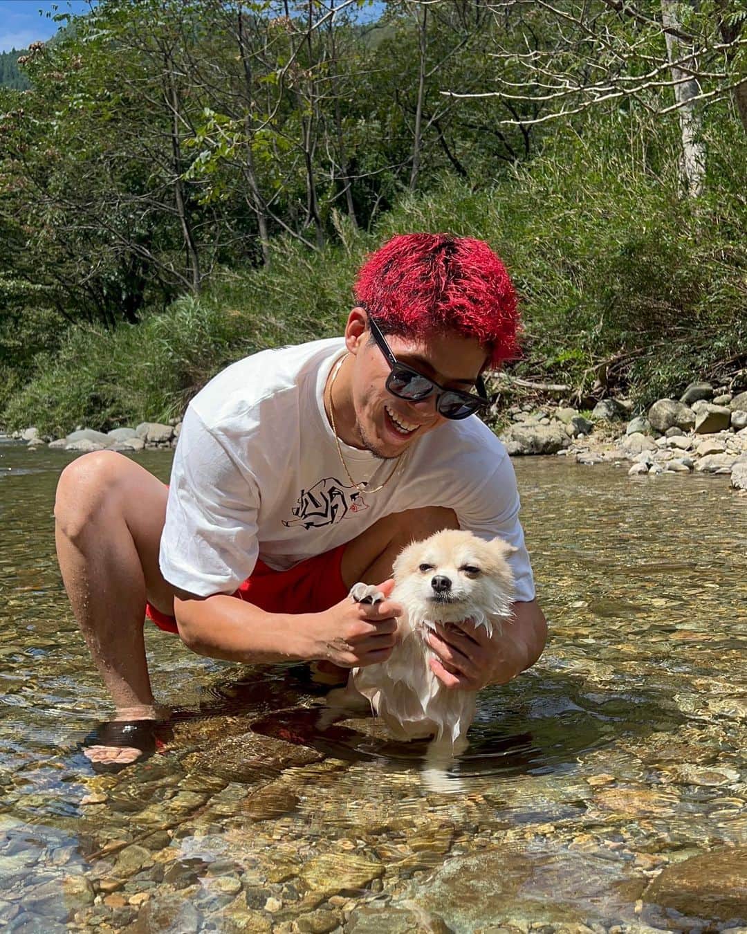 原口健飛のインスタグラム：「今日は犬達と初めての川遊びに行ってきたよ💪🏼  普段2匹ともそんなに水得意なタイプじゃないけど、川は大好きやったみたいで勝手に泳ぎだすわ、走りまくるわでクソ大変すぎたけどホンマに楽しんでた😂  いつも癒しを有難う！ お前達のためにもこれからも勝ち続けるよ🔥 (こいつら俺がまぁまぁ強いこと知らんねんけどな笑。)  #原口健飛#rise #iska #iskaworldchampion  #格闘家#愛犬家#ポメチワ#ポメプー#犬 #川遊び #兵庫県」