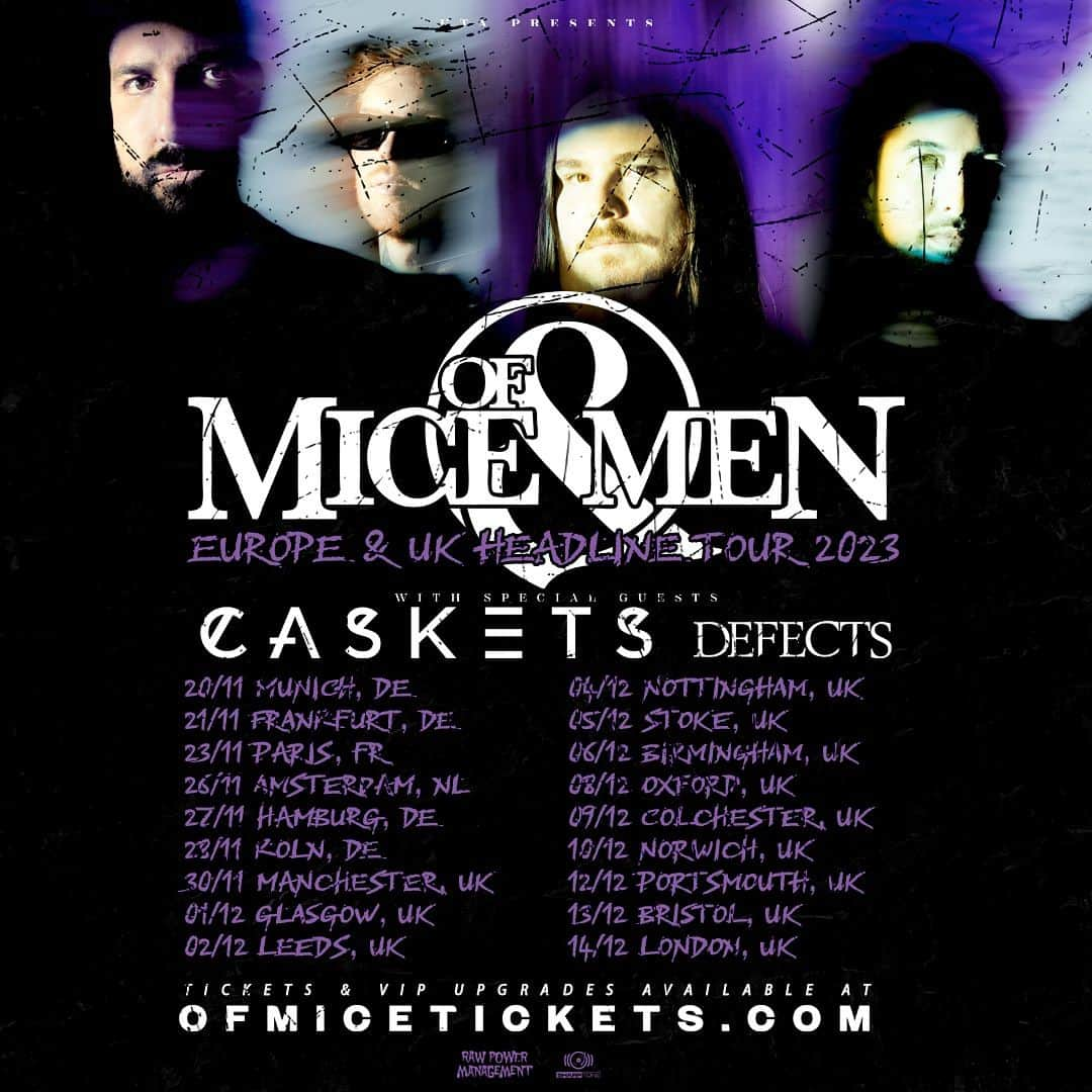 Of Mice & Menのインスタグラム：「Announcing our long awaited return to the UK & EU! Cant wait to see everyone there. We’re bringing @caskets_band & @wearedefects with us. Tickets & VIP upgrades go on sale this Friday 9am BST/10am CEST.」