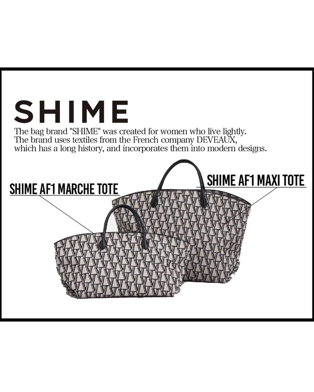 のインスタグラム：「VERMEIL par iéna original monogram item. ⁡ ⁡ SHIMEにオリジナルVロゴジャガード素材で 特別にオーダー！ 大きいサイズのMAXI TOTEと、 中サイズのMARCHE TOTEの２型でご用意。 ⁡ ⁡ ⁡ SHIME @shime_design  ⁡ 軽やかに生きる女性に向けて生まれたバッグブランド。 歴史深いフランスDEVEAUX社のテキスタイルを採用し、 モダンなデザインに落とし込んでいます。 ⁡ ⁡ ⁡ SHIME別注 マルシェバッグ no.23092939001130 ¥26,400 ⁡ SHIME別注 MAXI トートバッグ no.23092939001030 ¥35,200 ⁡ ※予約枠残り僅か 10月上旬頃入荷予定 ⁡ ⁡ #vermeilpariéna #ヴェルメイユパーイエナ #vermeil_2023aw #vermeil_preorder_campaign ⁡」