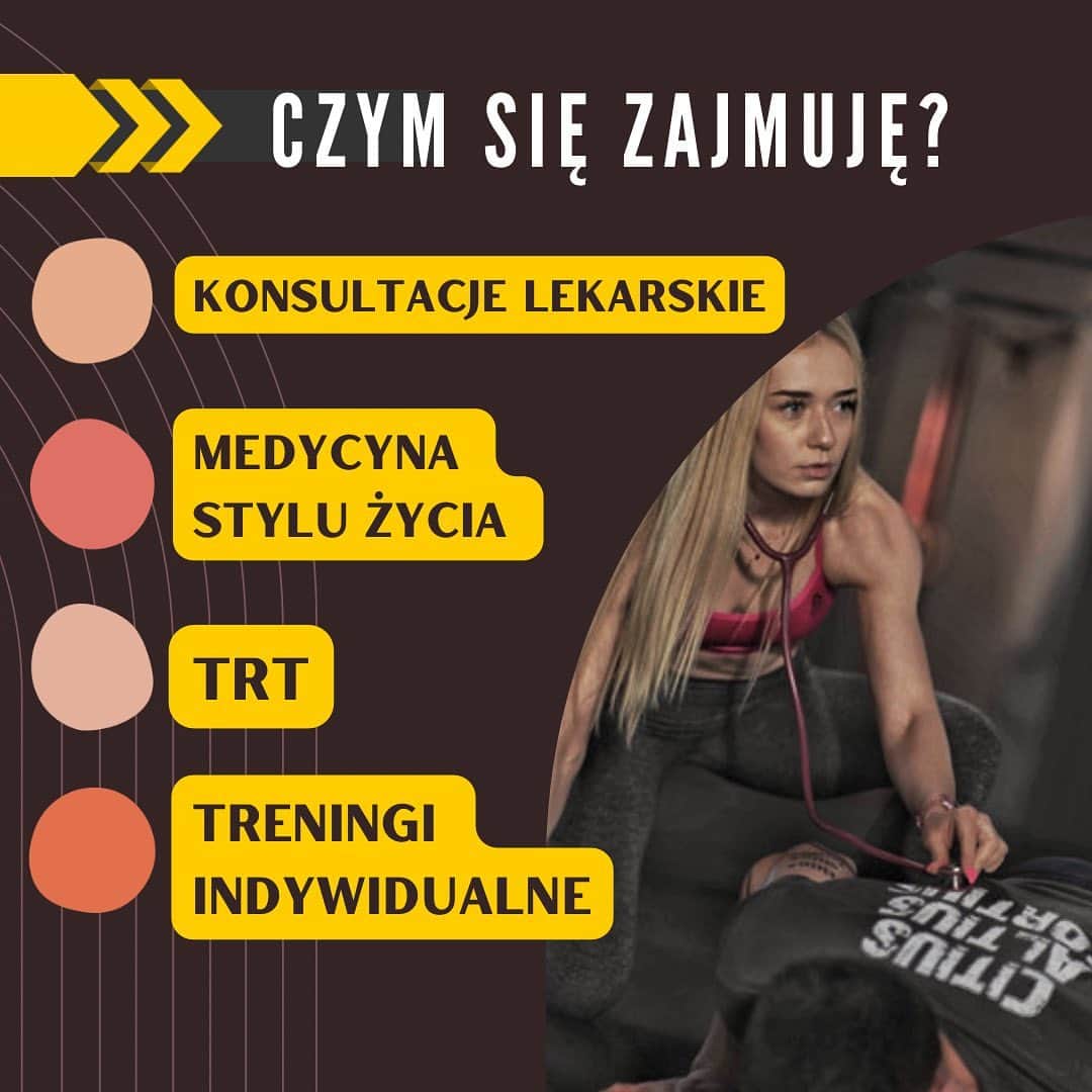 アガタ・フォルカシェブイチのインスタグラム：「⚠️ INFORMACJA ⚠️ Jestem lekarzem medycyny stylu życia, ukończyłam kurs TRT u @projektalfa.pl , jestem również trenerem przygotowania motorycznego @the_asca oraz Olimpijką, a dzięki temu połączeniu kompleksowo dbam o zdrowie moich pacjentów i podopiecznych.   🤔W czym mogę Ci pomóc?   💥 Na konsultacjach trwających około godzinę, szczegółowo analizuję każdy filar składający się na cały styl życia, wyniki badań krwi, wyliczam zapotrzebowanie kaloryczne oraz makroskładniki, dobieram suplementację, daję Ci wiedzę co zrobić, jakie nawyki zbudować, aby Twój organizm funkcjonował na 100% możliwości.  💥 A jeśli jesteś mężczyzną i borykasz się z problemem niskiego poziomu testosteronu - zaadresujemy również ten problem 🦍 ❌ Nie zajmuję się dopingiem ❌ 💥 A jako, że aktywność fizyczna jest filarem dobrego zdrowia, a tak naprawdę LEKIEM, prowadzę treningi personalne i przygotowania motorycznego w @strez_gym 🏋️🏼‍♀️   #medycynastylużycia #lifestyle #nawyki  #lifestylemedicine #trening #zdrowie #trener #dieta #lekarz #trt #terapiazastępczatestosteronem」