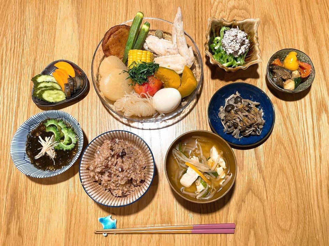 永田レイナのインスタグラム：「🍚  ・冷やしおでん ・ゴーヤーともずく酢 ・きのこ炒め ・茄子とズッキーニとパプリカの味噌ごま炒め ・生ピーマン〜鯖マヨ乗せ〜 ・ぬか漬けズ ・いろいろ野菜のチゲ風味噌汁 ・なんか身体に良さそうな酵素玄米  冷蔵庫にあったありったけの夏野菜をかき集めて作った冷やしおでん。あったかい方が断然好きです(個人の感想)。  #レイナキッチン #おうちごはん #冷やしおでん #献立 #うちごはん」