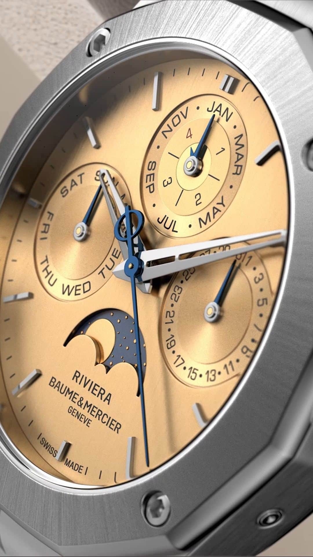 ボーンメルシーのインスタグラム：「Embark on a journey through time with the Riviera 10742.   Witness the intricate dance of the perpetual calendar, a symphony of design and precision. From its vintage-inspired golden dial to the modern mastery of the Baumatic movement, the Riviera 10742 is more than a watch--it's a testament to the art of horology. Let its story unfold with every tick. -- Riviera 10742 40 mm, Baumatic Perpetual Calendar, Stainless steel case, Gilded sun-brushed dial, Day-Date, Leap year indicator, Moon phase, 5 days Power Reserve, Antimagnetic 1500 Gauss, Fast Strap technology - Interchangeable strap system.  Eligible to 8 years of warranty -- #BaumeetMercier #Riviera #Since73 #ShapingTime #Baumatic #DailyWatch  #Watches #Watch #InstaWatch #WatchOfTheDay #WatchesOfInstagram #WatchLover #WatchCollector #LuxuryWatch #InstaWatch #Style  #Elegant #WristWatch #Timepiece #WatchMaking  #InstaWatches」