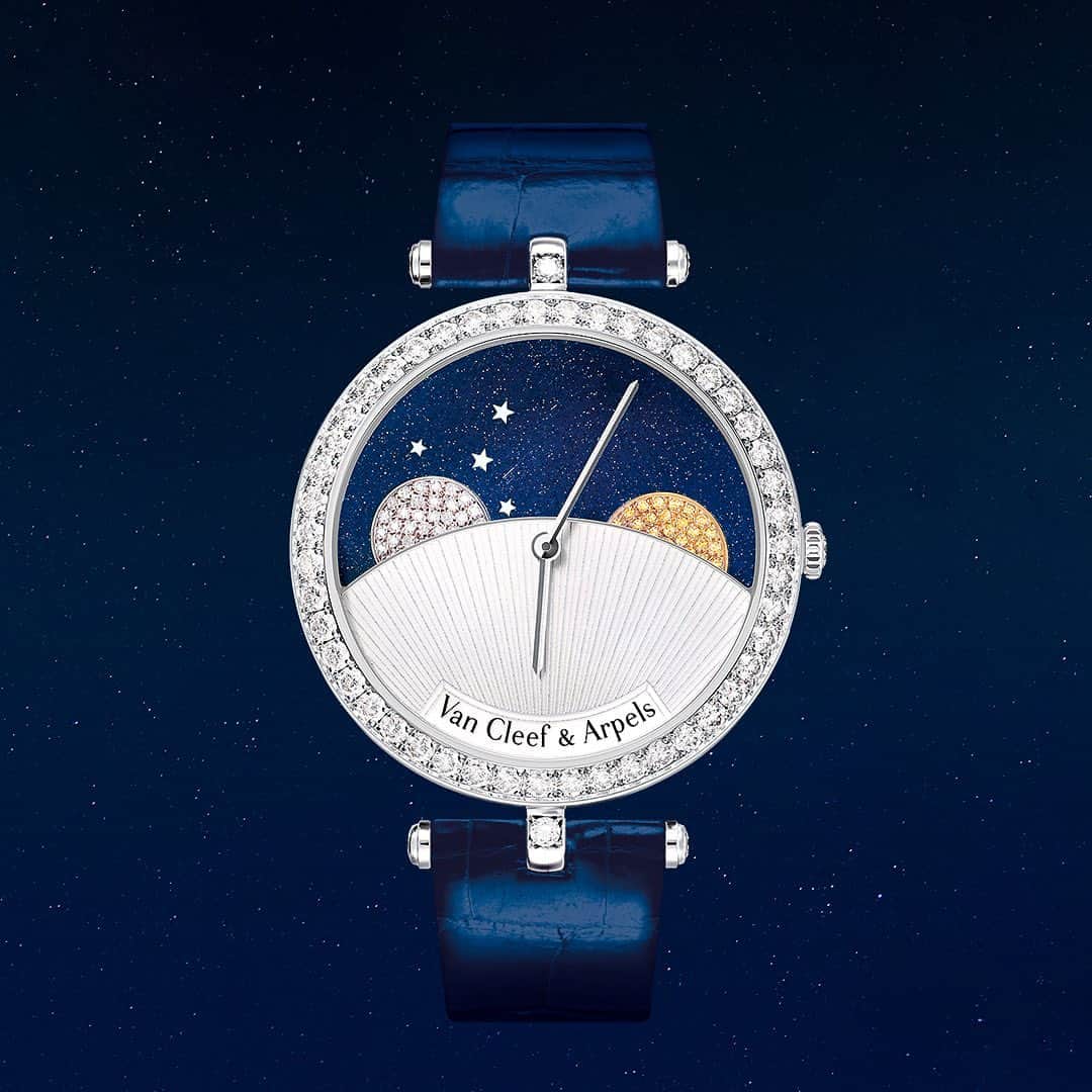 ヴァンクリーフ&アーペルのインスタグラム：「Wander amidst the stars with the Lady Arpels Day and Night watch, depicting the eternal chase of the moon and the sun on its dial.   #VCAWatch #PoetryOfTime #VanCleefArpels」