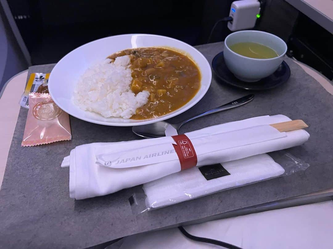 松林裕香さんのインスタグラム写真 - (松林裕香Instagram)「✈️  JAL 羽田-ニューヨーク線 往復　ビジネスクラスの食事  カレーがやっぱり一番安定で美味しい。  ちなみに右に置いてある謎な赤い置物は置き型加湿器。 買ってみて持参してみたものの... 何でも試してみようとする気持ちが大事だよね。  ---------------------  JAL Haneda-New York Round Trip / Business Class Meals  Curry is the most stable and tasty.  #JAL#飛行機#機内食#ビジネスクラス」9月5日 1時16分 - yukapiano_