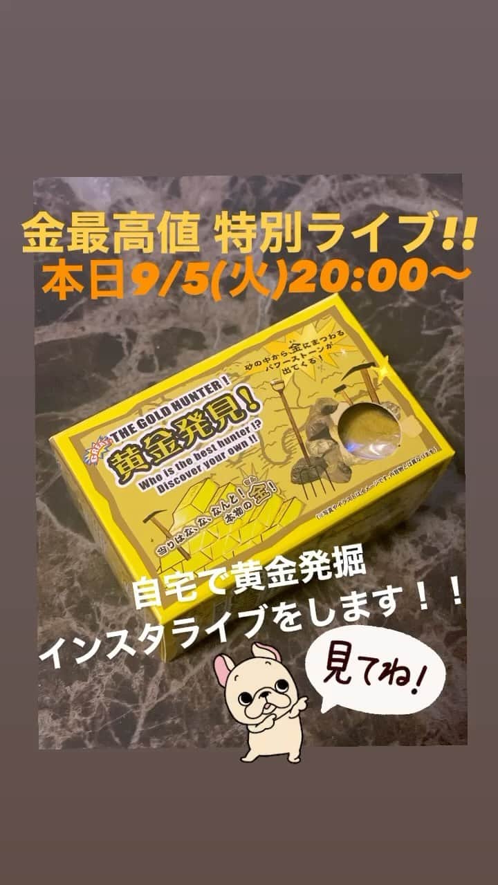 石岡麻奈美のインスタグラム：「本日9/5(火)20:00〜インスタライブをします🤗  金が史上最高値を更新しましたので、自宅で黄金発掘をしたいと思います！！！  当たりは金で、必ず宝石が何か出てくるようなのでみんなで楽しみましょう👏✨」
