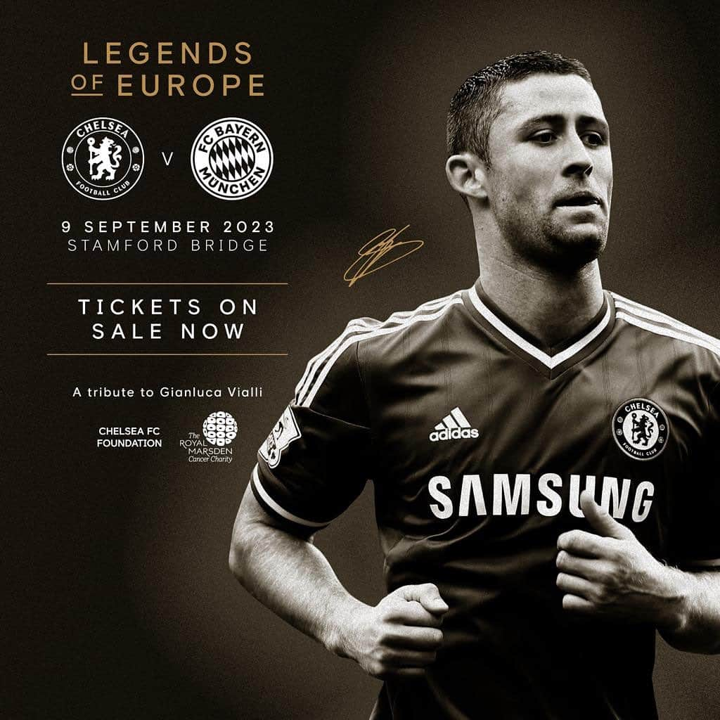 ガリー・ケーヒルのインスタグラム：「This Saturday I am back at The Bridge with the @chelseafc legends!   Looking forward to getting involved and playing in memory of the great @lucavialli with all proceeds being split between the  @chelseafcfoundation and the @royalmarsdennhs   More info in the link in my bio 💙」