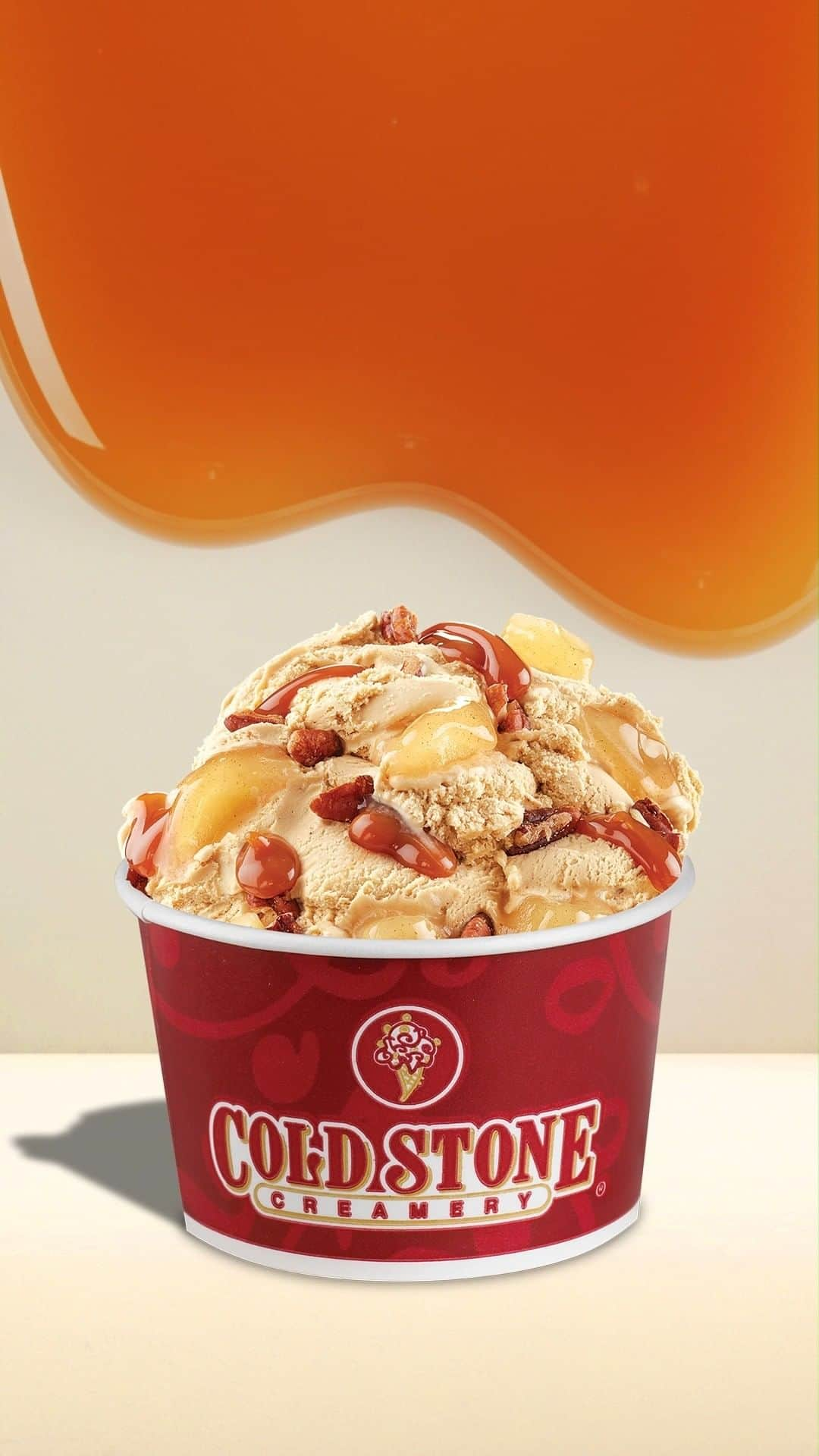 コールド・ストーン・クリーマリーのインスタグラム：「You will be stuck on our ✨NEW✨ Stuck on Caramel Apples™ Creation™ this fall! 😍🤎 Deliciously made with Caramel Apple Ice Cream, Apple Pie Filling, Pecans and Caramel. 🍏🍦🥧  Order online at the link in bio!」