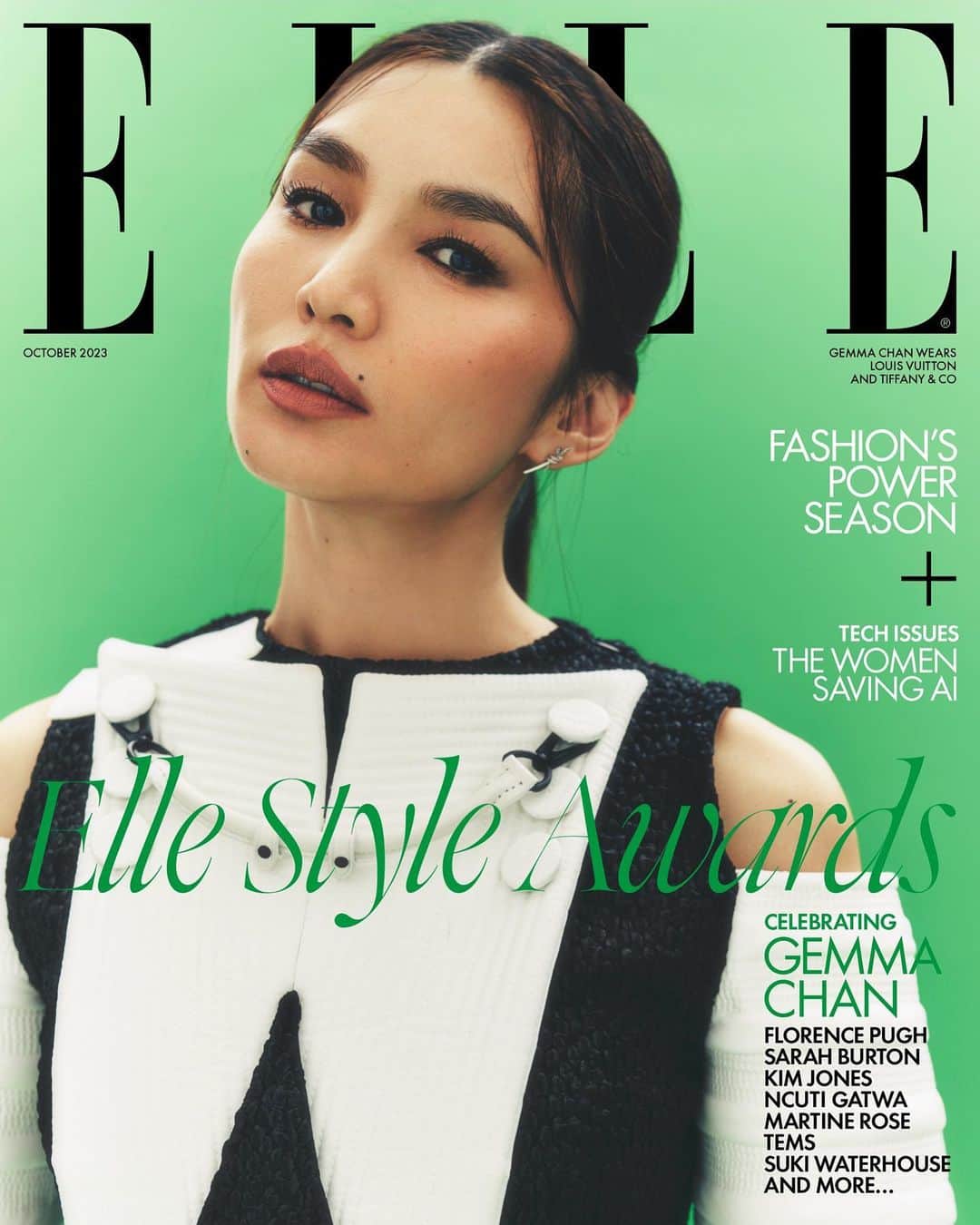 ジェンマ・チャンのインスタグラム：「💚 ELLE October 2023 💚 Thank you @kenyahunt and the whole @elleuk team  EIC @kenyahunt  Words @suyinsays  Photography @petros_petrohilos  Styling @kellyannhughes  Wearing @louisvuitton and @tiffanyandco  Hair @cwoodhair  Makeup @babskymakeup  Nails @michelleclassnails  Creative Director @tom_houseofusher  Fashion Director @avrilmair  Talent director @lottielumsden  Associate Editor @lenadecasparis  Talent Editor @olivia__blair  On Set Producer @carlaholdforth  Styling Assistant @crystallecox   #ElleStyleAwards」
