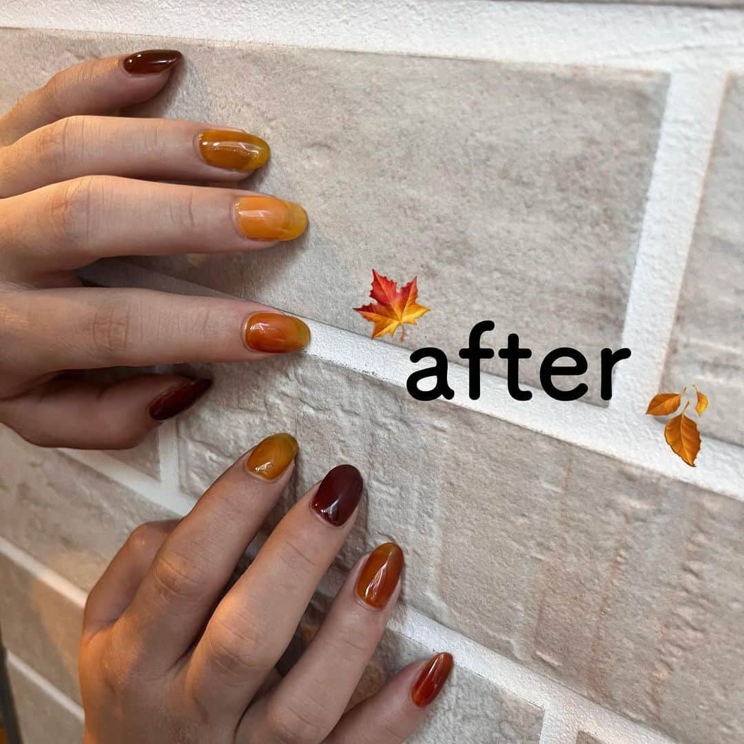 渡邊りつさんのインスタグラム写真 - (渡邊りつInstagram)「🆕🍂 autumn color nail  先日どんなのにするか完全無計画で行ったねいる。6種類ほどあった透け感ブラウンが可愛いと話していたところ、ariさんがバラバラに使う？と提案してくださり、最強に可愛い秋ねいるが完成( ◜௰◝ )🫶  やはりariさん天才🤍🪽 ⏩　@anne__ari  それにしてもbeforeが面白すぎる。 #よく持ったなぁ という事で、初の長めねいる❤︎  どんだけ今が辛くても少しの変化で幸せになれるんだなぁ。もう少しだけ頑張ろう。  #秋ネイル　#autumnnail」9月5日 21時28分 - w.rw.r