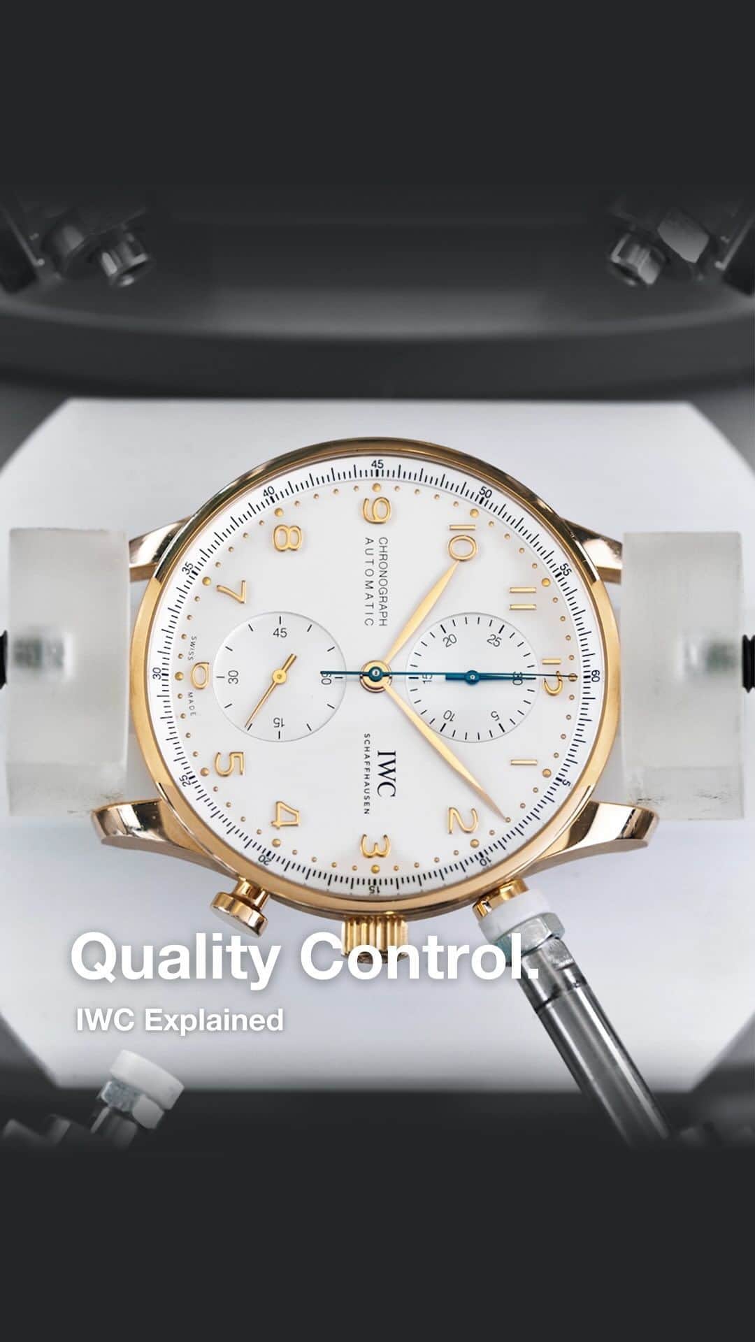 IWCのインスタグラム：「A test nobody can study for.   Our timepieces are put through a variety of quality control tests to make sure they live up to IWC’s high standards. Dominic Forster takes us behind the scenes of his testing laboratory to explain the processes that help our watches last a lifetime.  #IWCexplained | #TheReference」