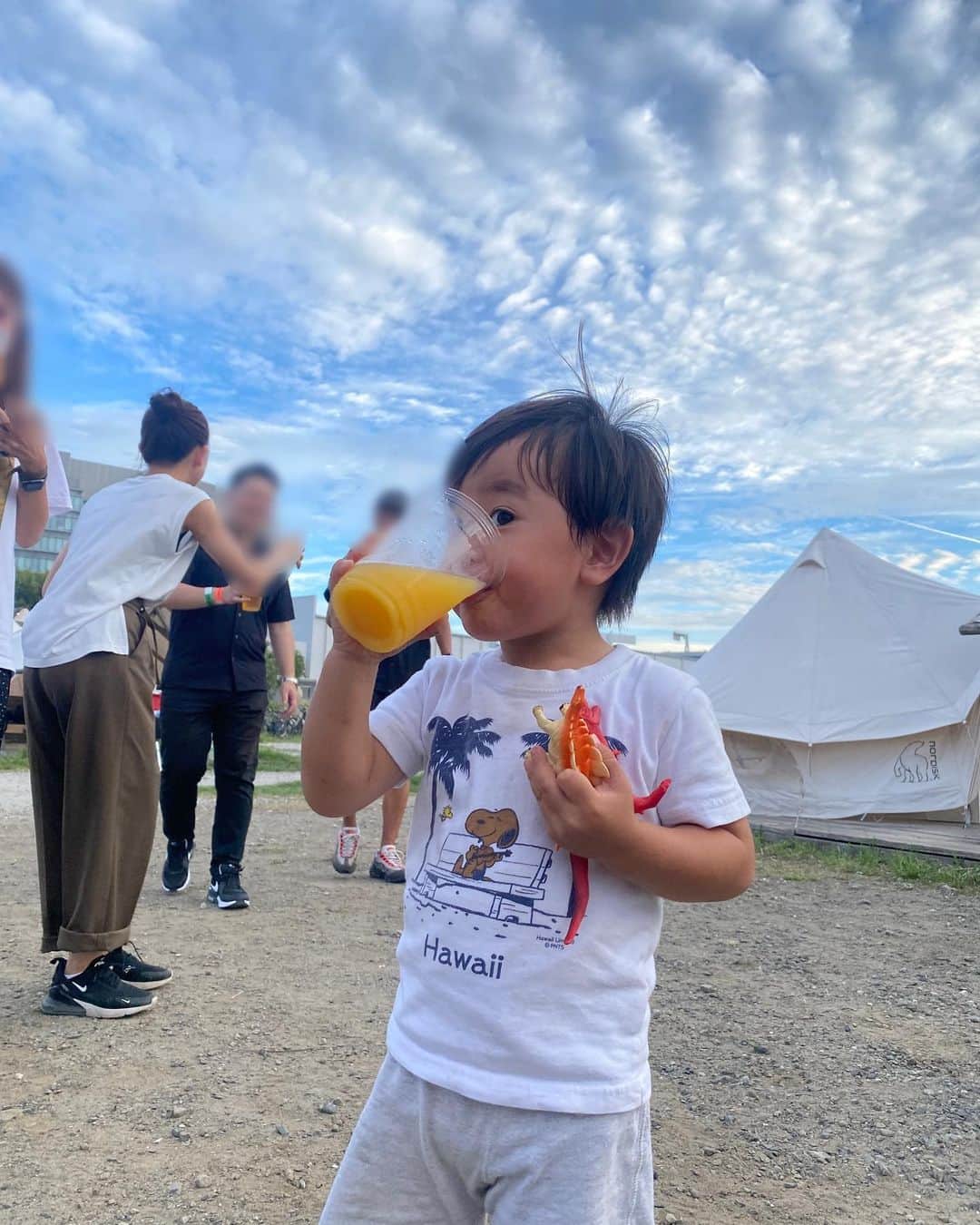 のインスタグラム：「. 夏の思い出いろいろ。 夫の会社のBBQに家族で参加させていただきまして。 途中から人が増えるたびに もう一度みんなで乾杯するというサラリーマンの文化を 2歳の次男がとても気に入り かんぱい！かんぱい！と 皆さんにしつこく迫っていました。😇 （皆さまありがとうございました） しかし後半は飽きてしまい 敷地内の砂場で相撲をとっていた。 . 東京ミッドタウン六本木の #恐竜科学博　もまた行ってきました！ （子どもたちにせがまれたので） 恐竜科学博の恐竜は目に愛嬌があります🥹 9月12日までやっているので皆さまもぜひ〜✨ .」